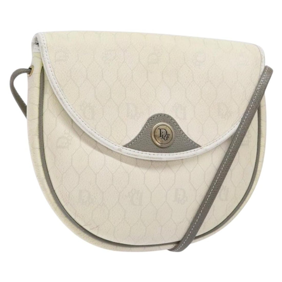 Christian Dior Honeycomb PVC Shoulder Bag White Gold 7.5in Auth: Christian Dior Honeycomb PVC Shoulder Bag White Gold 7.5in Auth This Christian Dior shoulder bag features a stylish honeycomb canvas design in a chic white and gold color scheme. Crafted from durable