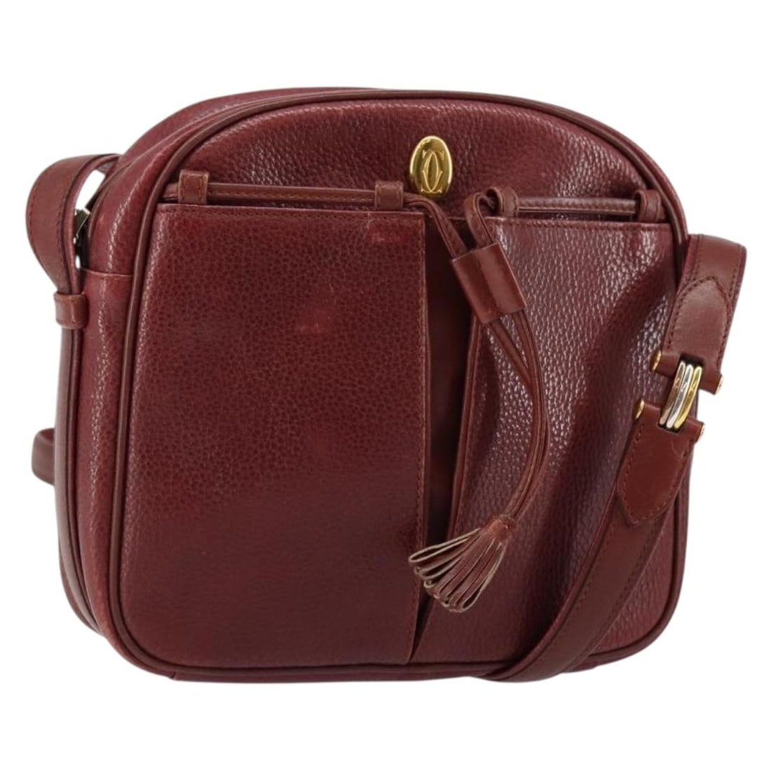CARTIER Must Line Bordeaux Leather Shoulder Bag Gold Accents: CARTIER Must Line Bordeaux Leather Shoulder Bag Gold Accents This elegant CARTIER Must Line Shoulder Bag showcases a sophisticated blend of Bordeaux leather and gold accents, making it a stylish acces
