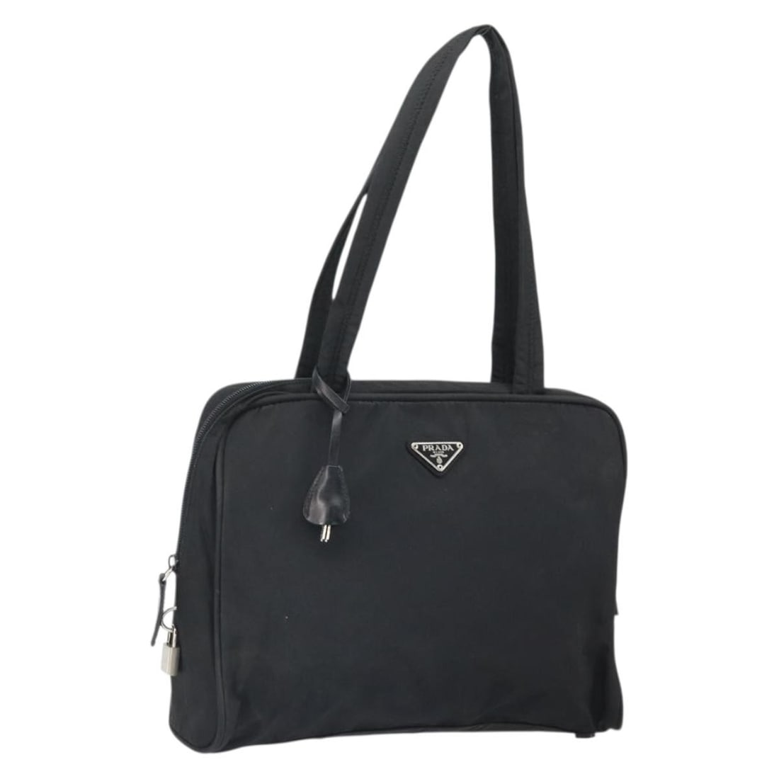 Prada Nylon Black Tote with Silver Accents and Padlock Accessories: Prada Nylon Black Tote with Silver Accents and Padlock Accessories This PRADA tote bag is crafted from black nylon with silver accents. It features a spacious interior and comes with padlock, two keys