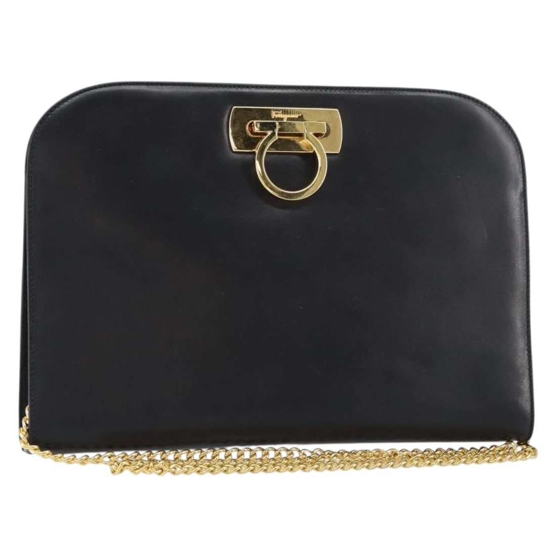 Salvatore Ferragamo Gancini Chain Leather Shoulder Bag Black Gold Auth (1 of 18)