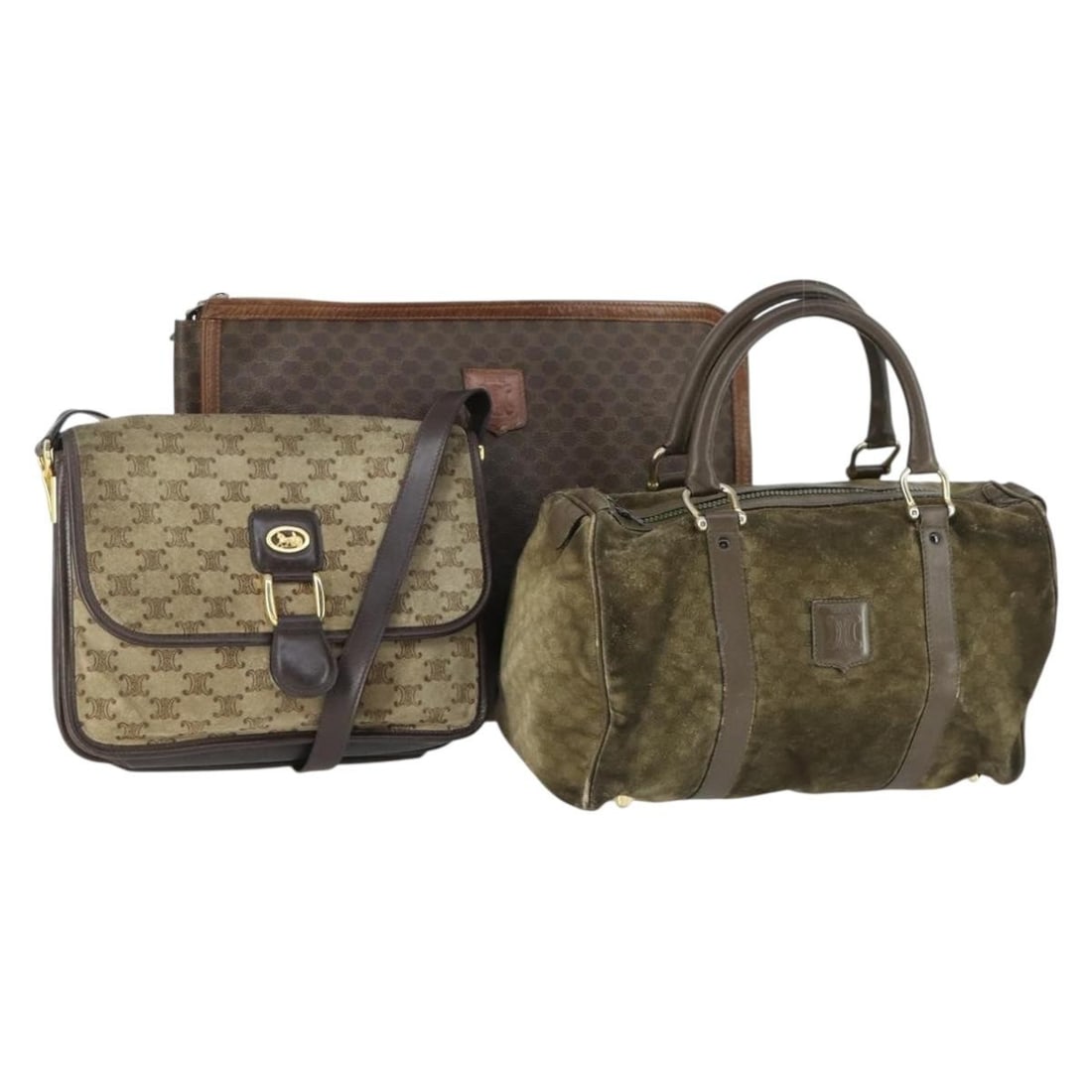 Set of 3 Celine Macadam Canvas and PVC Shoulder Bags Brown Beige: Set of 3 Celine Macadam Canvas and PVC Shoulder Bags Brown Beige This is a set of three CELINE Macadam shoulder bags crafted from PVC leather and Macadam canvas in brown and beige tones. The set is ma