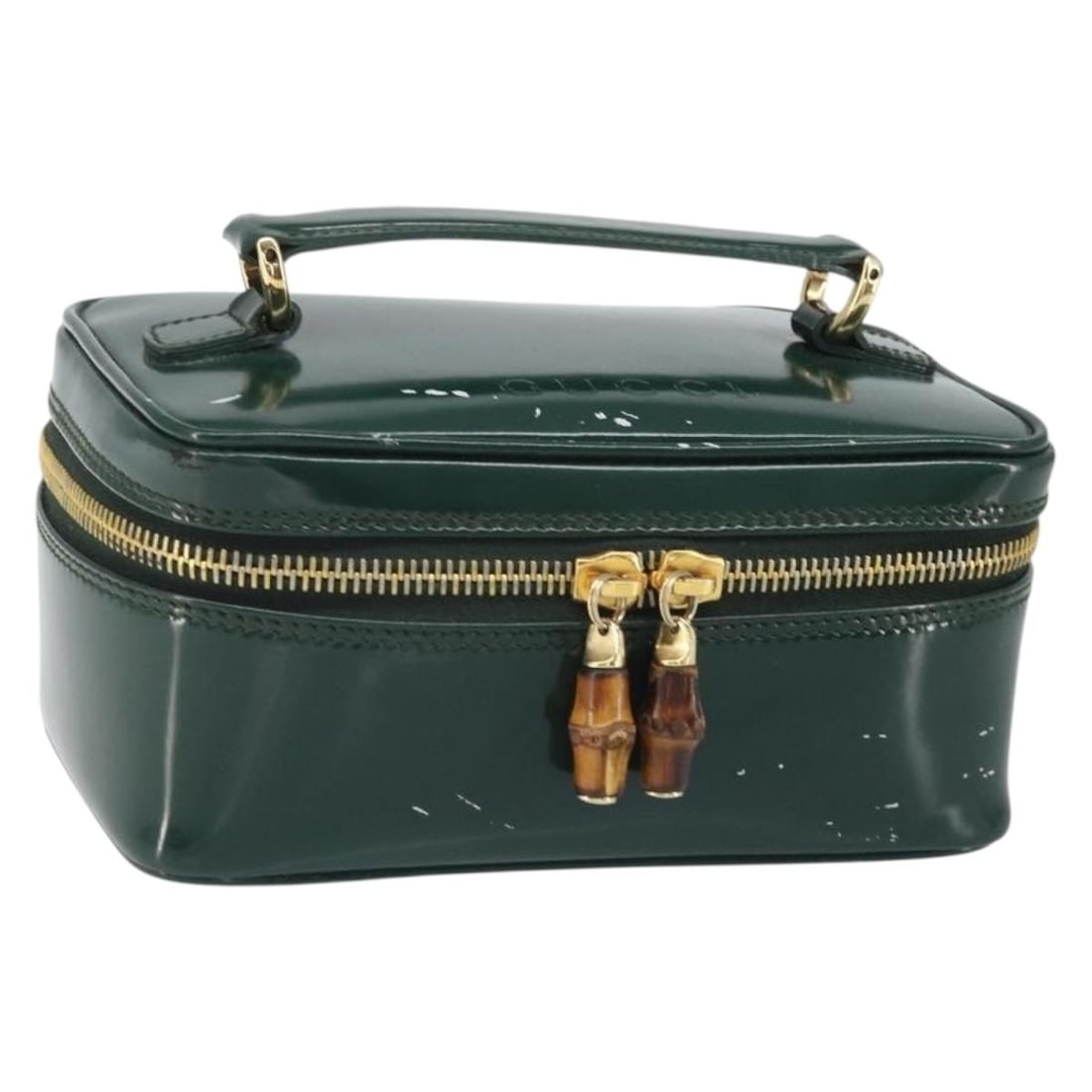 Gucci Bamboo Green Patent Leather Pouch with Gold Accents 032 1956 0151: Gucci Bamboo Green Patent Leather Pouch with Gold Accents 032 1956 0151 This is a GUCCI Bamboo Vanity Pouch crafted from green and gold patent leather. The pouch is designed with a compact shape and f