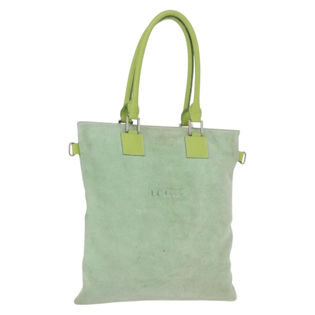 Loewe Green Suede Silver Accent Handbag from Spain: Loewe Green Suede Silver Accent Handbag from Spain This LOEWE handbag is crafted from green and silver suede and features a sleek, minimalist design. Made in Spain, it offers a spacious interior and c