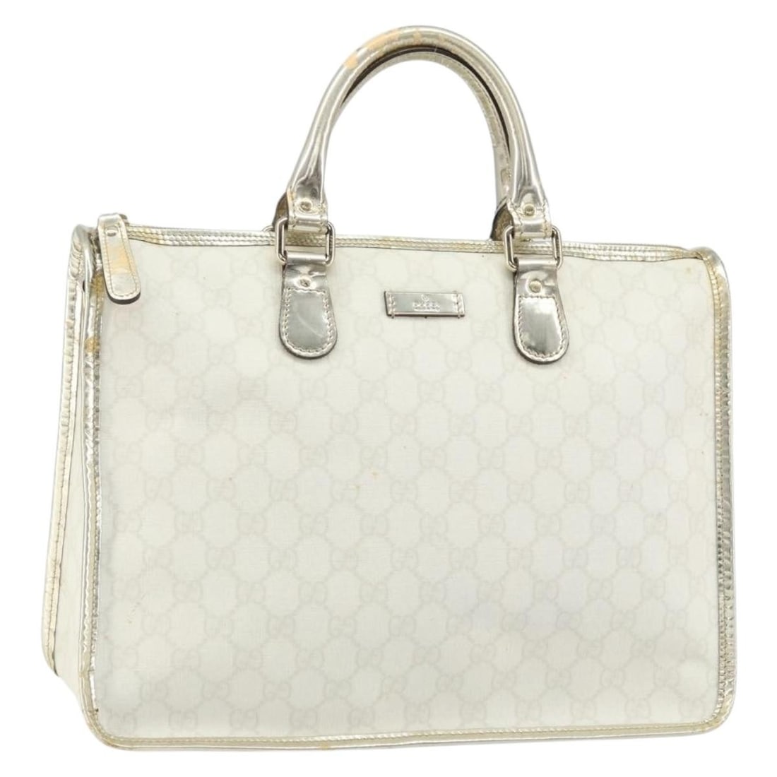 White and Gold GG Supreme PVC Leather Gucci Handbag Model 190259: White and Gold GG Supreme PVC Leather Gucci Handbag Model 190259 This GUCCI GG Supreme hand bag features a combination of PVC leather and GG canvas in a white and gold color scheme. Made in Italy, the