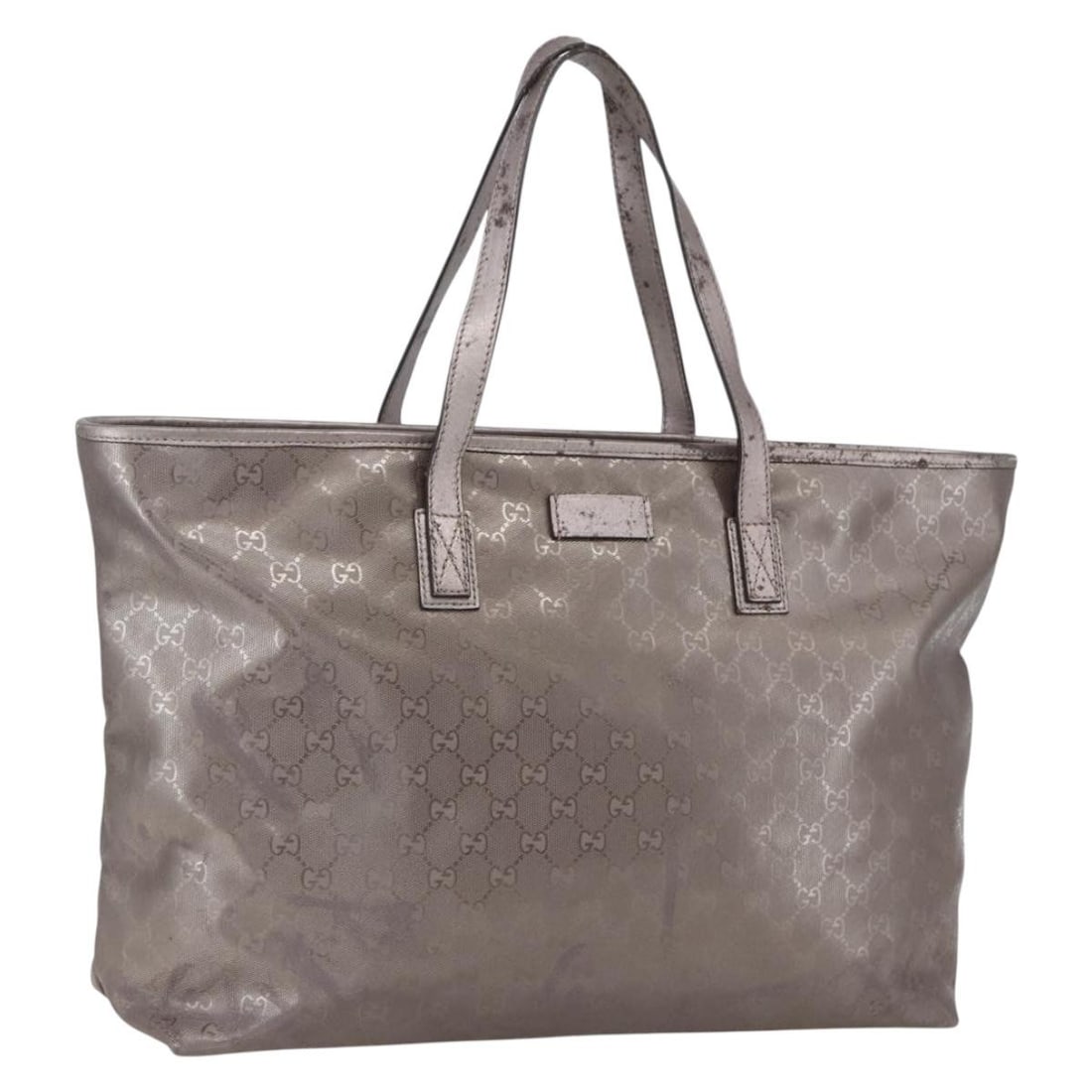 Gray Silver Gucci GG Canvas Tote Bag PVC Leather 231120 Italy: Gray Silver Gucci GG Canvas Tote Bag PVC Leather 231120 Italy This GUCCI GG Implementation tote bag features a gray and silver color scheme with a PVC leather and GG canvas exterior. The bag offers am