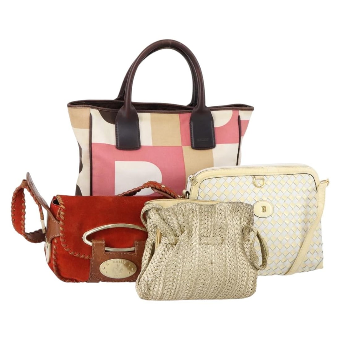 BALLY Red Beige Cream Leather Canvas Tote Bag Set of 4 Authentic: BALLY Red Beige Cream Leather Canvas Tote Bag Set of 4 Authentic This stylish BALLY tote bag is crafted from high-quality leather and features a striking color combination of red, beige, and cream. De