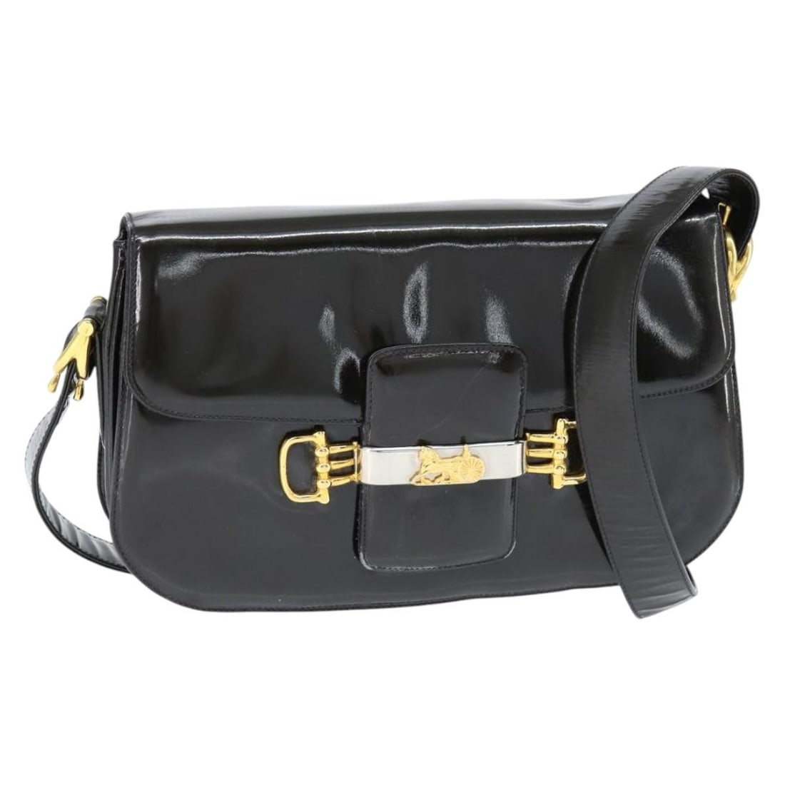 CELINE Horse Carriage Shoulder Bag Black Gold Enamel Auth Italy: CELINE Horse Carriage Shoulder Bag Black Gold Enamel Auth Italy This authentic CELINE Horse Carriage Shoulder Bag combines a sophisticated design with practical functionality. Crafted in Italy from hi