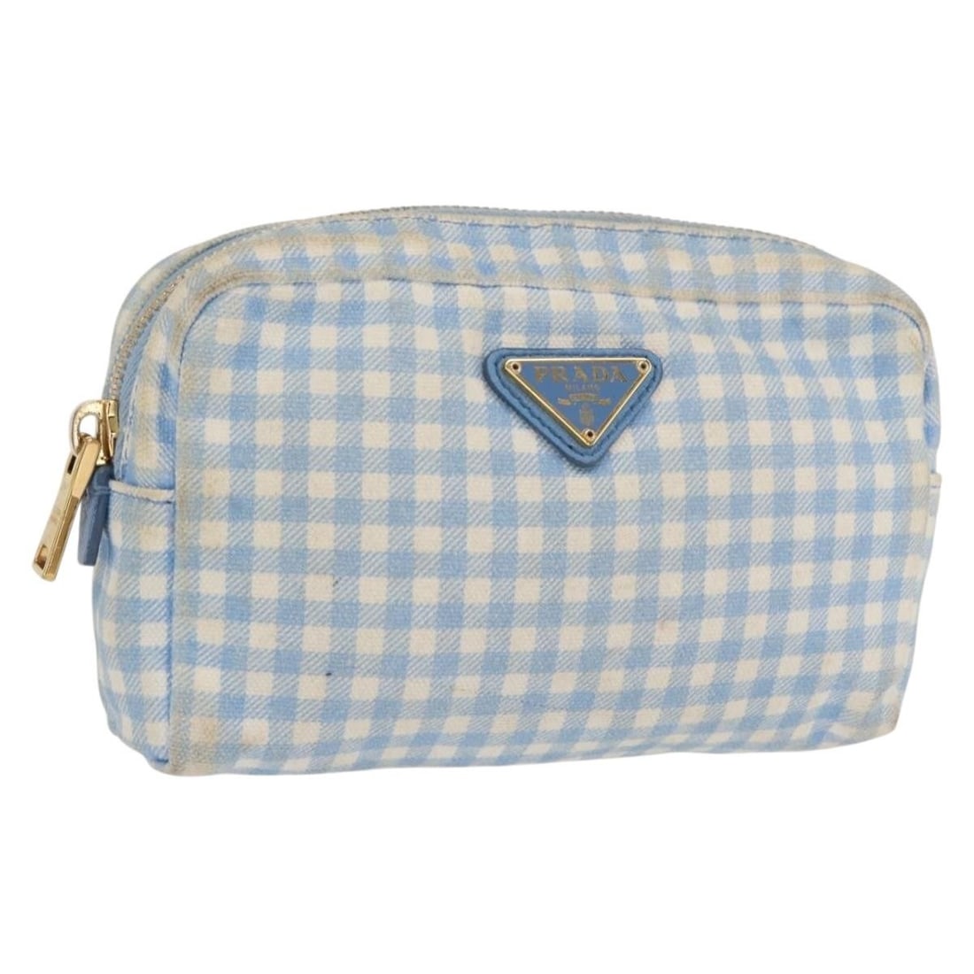 Light Blue Cotton Prada Pouch with Gold Accents Made in Italy: Light Blue Cotton Prada Pouch with Gold Accents Made in Italy This PRADA pouch is crafted from light blue cotton and features gold-tone accents. It originates from Italy and is designed for versatile