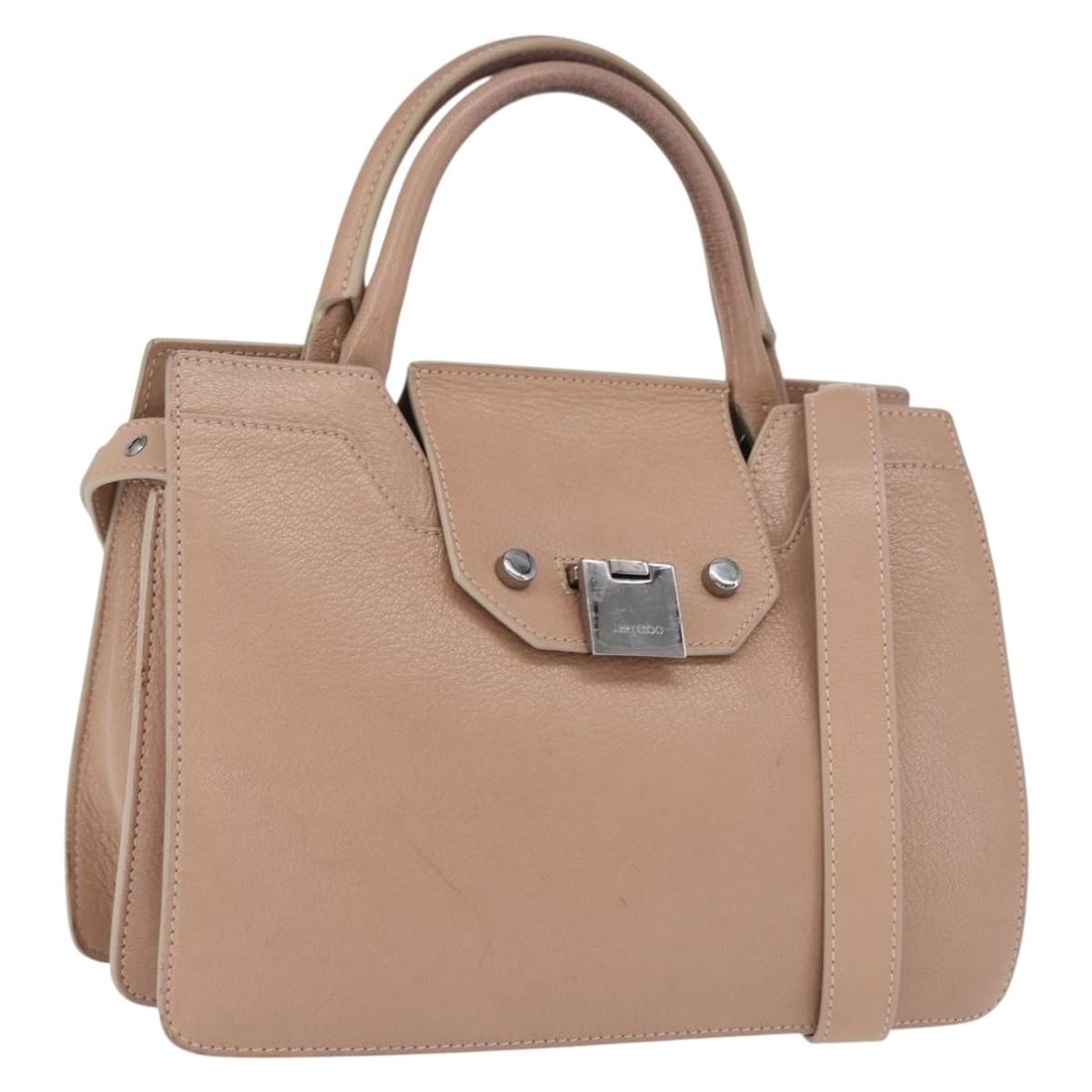 Beige and Silver Jimmy Choo Leather Handbag with Detachable Shoulder Strap: Beige and Silver Jimmy Choo Leather Handbag with Detachable Shoulder Strap This Jimmy Choo 2-way hand bag features beige and silver leather, offering both hand and shoulder carrying options with its i