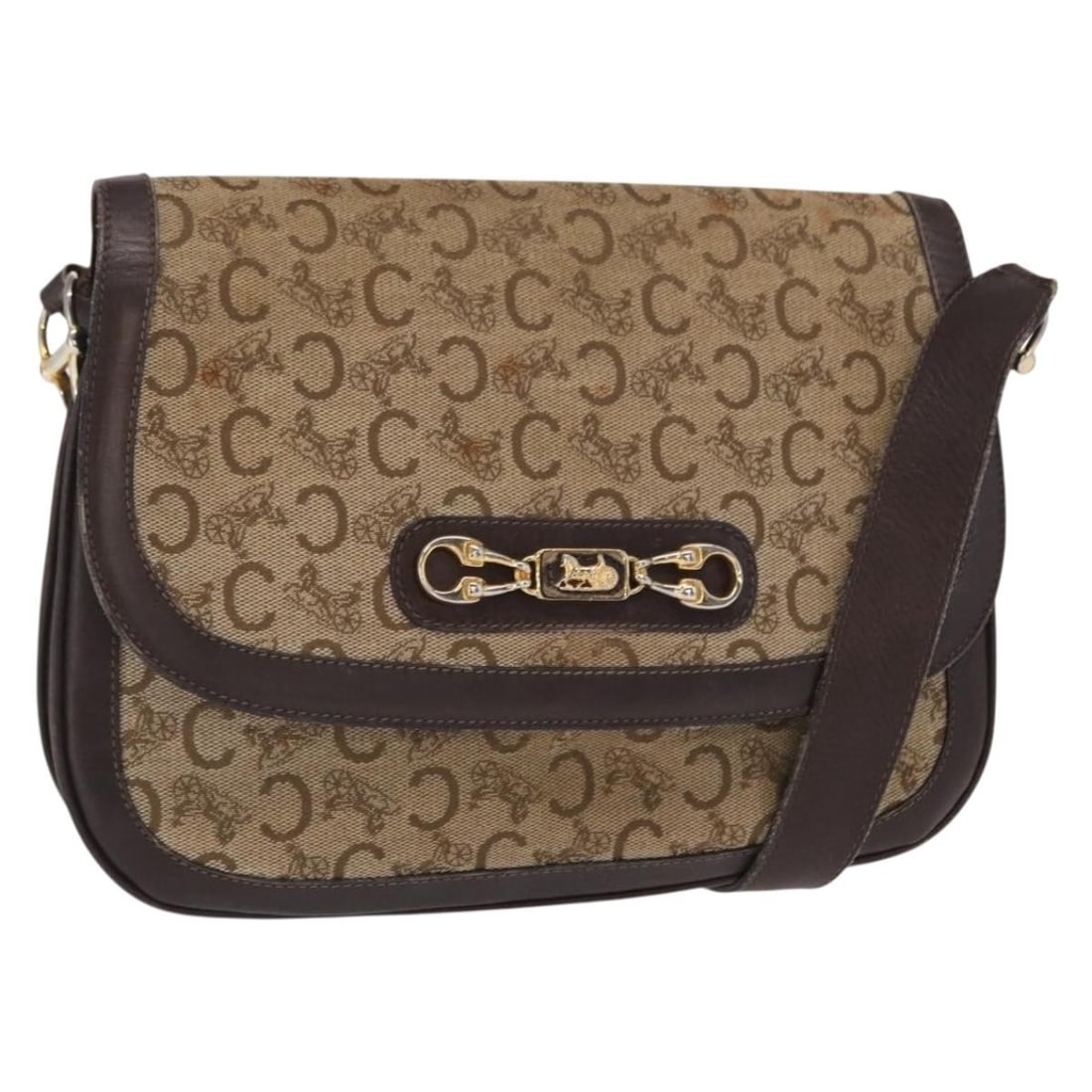 Celine Sulky Brown Canvas Shoulder Bag with Gold Tone Accent: Celine Sulky Brown Canvas Shoulder Bag with Gold Tone Accent This Celine C Sulky shoulder bag features a brown and gold canvas exterior with a classic design. The bag shows significant signs of wear,