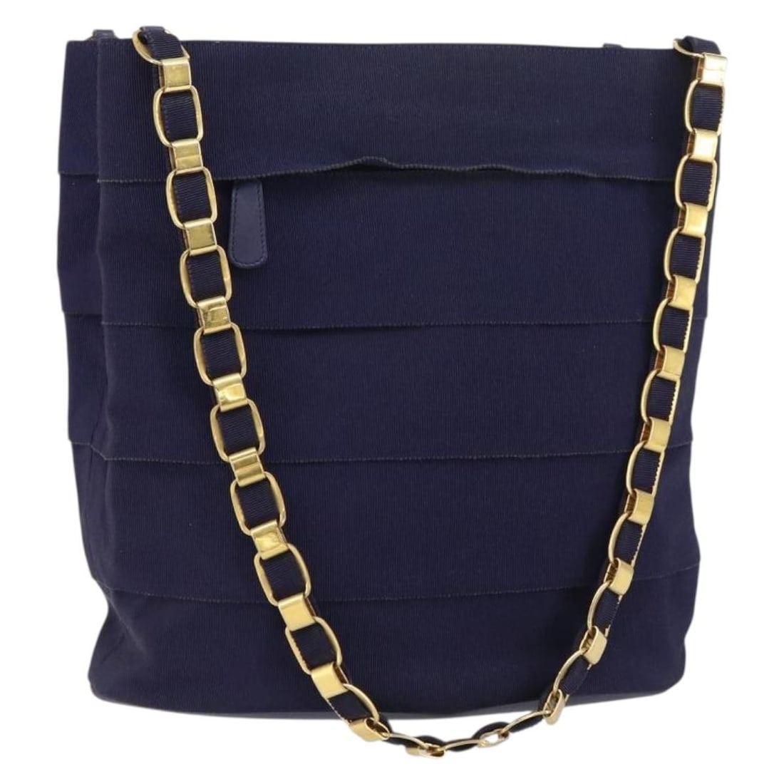 Navy Canvas Vala Shoulder Purse by Salvatore Ferragamo with Chain Strap: Navy Canvas Vala Shoulder Purse by Salvatore Ferragamo with Chain Strap This Salvatore Ferragamo Vala chain shoulder bag features a navy and gold canvas exterior with a chain shoulder strap. The bag i