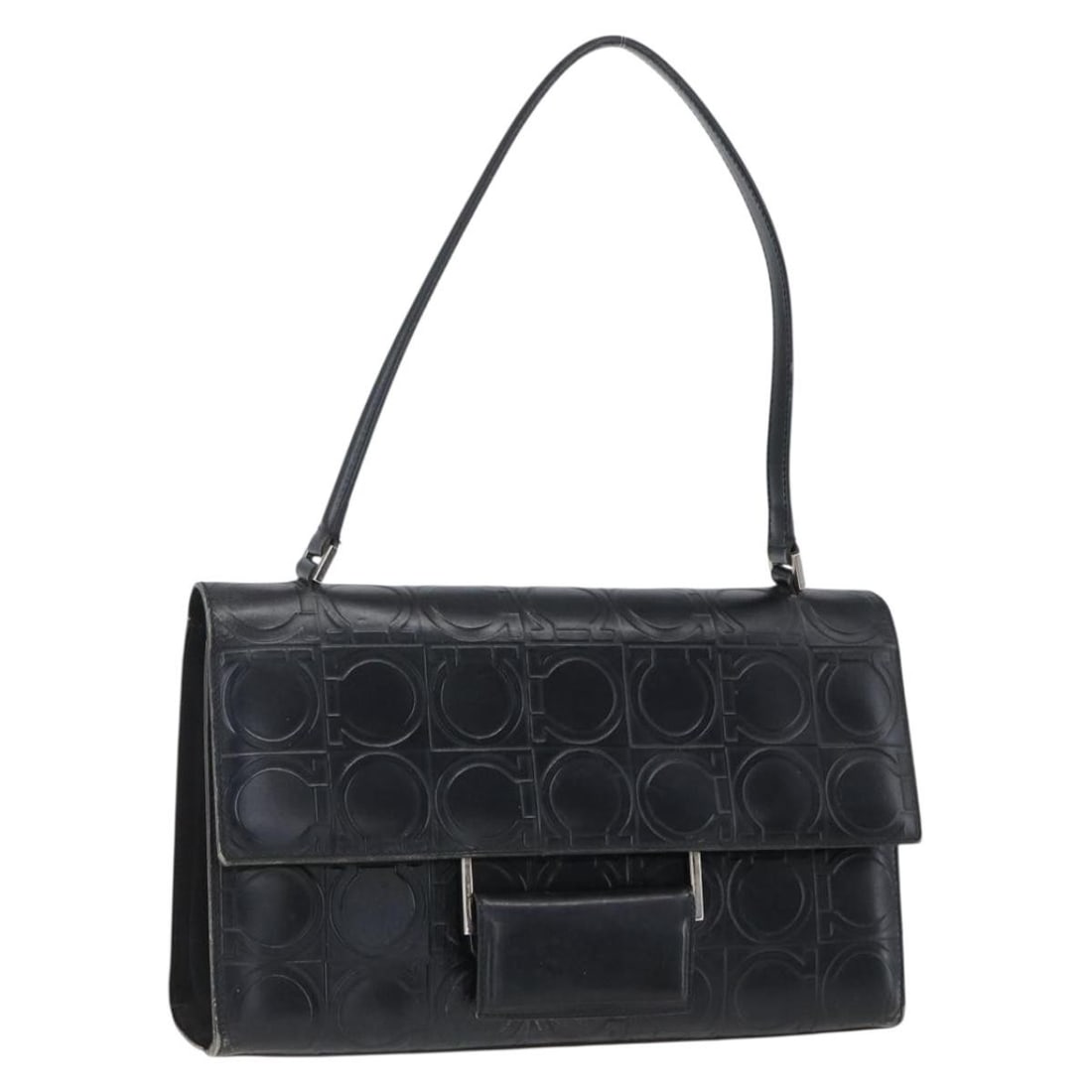 Black Leather Gancini Handbag by Salvatore Ferragamo Silver Accents: Black Leather Gancini Handbag by Salvatore Ferragamo Silver Accents This Salvatore Ferragamo Gancini handbag features a black leather exterior with silver-tone accents. The bag is crafted in Italy and