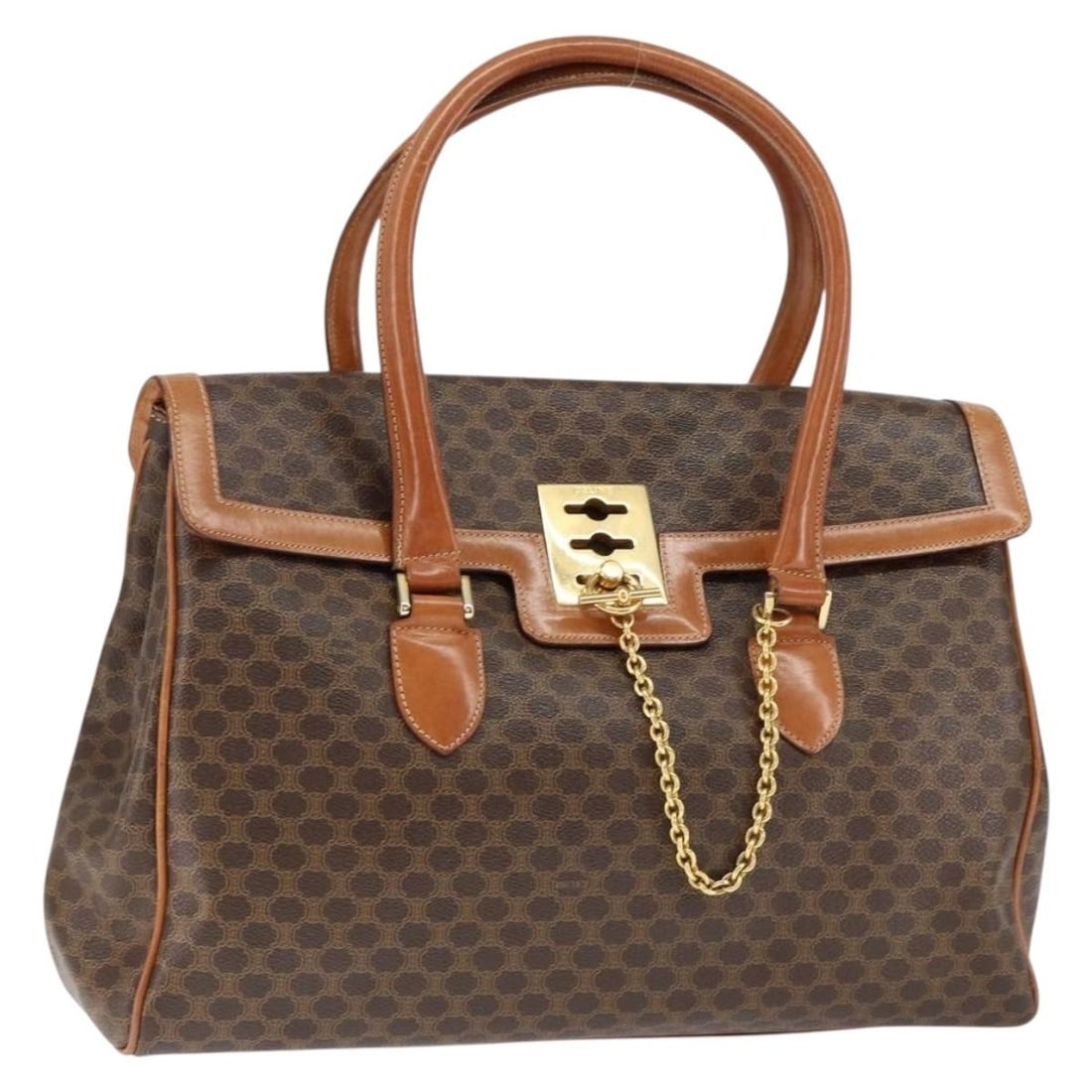 CELINE Macadam Canvas Hand Bag PVC Leather Brown Gold Authentic Italy (1 of 18)