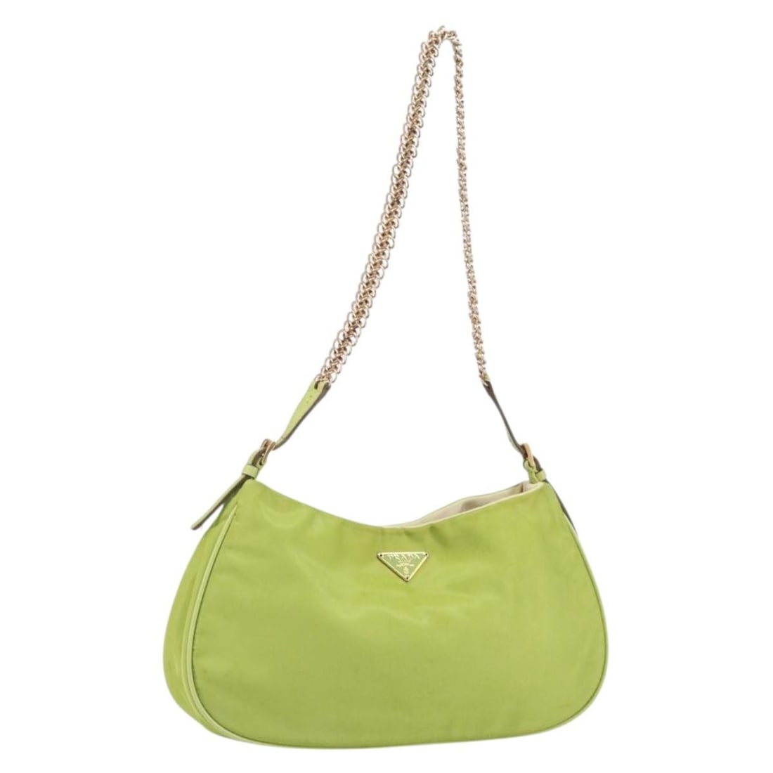Prada Nylon Shoulder Bag with Chain Strap Gold and Light Green: Prada Nylon Shoulder Bag with Chain Strap Gold and Light Green This PRADA chain shoulder bag is crafted from durable nylon in a distinctive gold and light green color combination. Featuring a compact