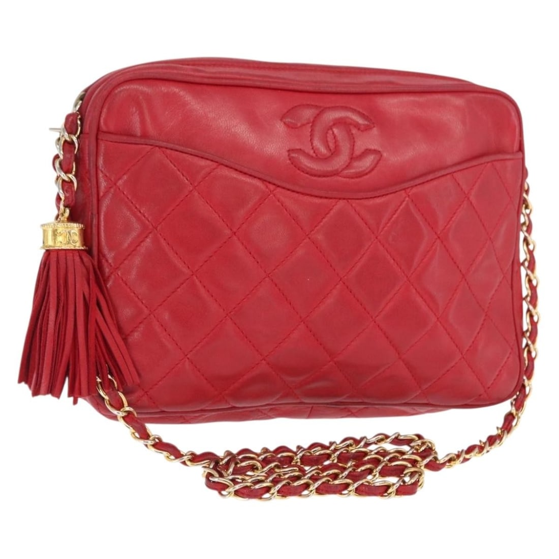 Chanel Red Lambskin Matelasse Shoulder Bag with Gold Chain CC Logo (1 of 18)