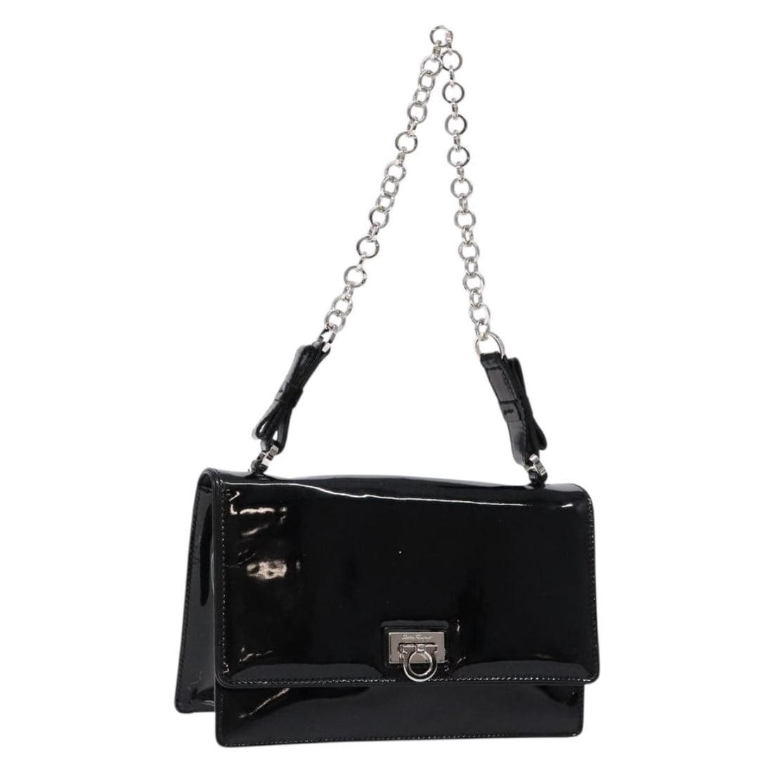 Salvatore Ferragamo Black Silver Enamel Shoulder Bag Auth AU-21/6849: Salvatore Ferragamo Black Silver Enamel Shoulder Bag Auth AU-21/6849 This Salvatore Ferragamo Chain Gancini Shoulder Bag is a stylish accessory crafted from enamel, featuring a striking black and silv