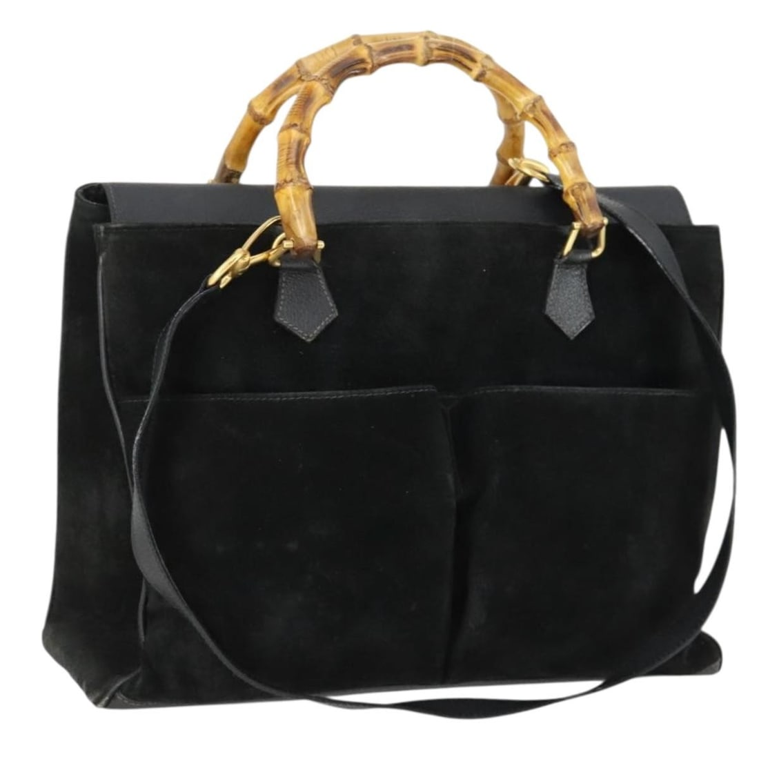 Black Suede Gucci Bamboo 2way Handbag with Gold Accents and Shoulder Strap: Black Suede Gucci Bamboo 2way Handbag with Gold Accents and Shoulder Strap This is a Gucci bamboo handle handbag crafted from black suede with gold-tone accents. Designed for versatility, it features