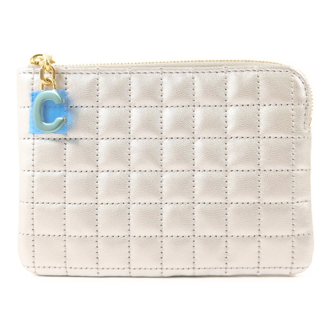 Celine Calfskin Leather Card Holder in Silver with Gold Hardware: Celine Calfskin Leather Card Holder in Silver with Gold Hardware This CELINE card case is crafted from calfskin leather in a silver color. It features gold hardware and is designed for regular size ca