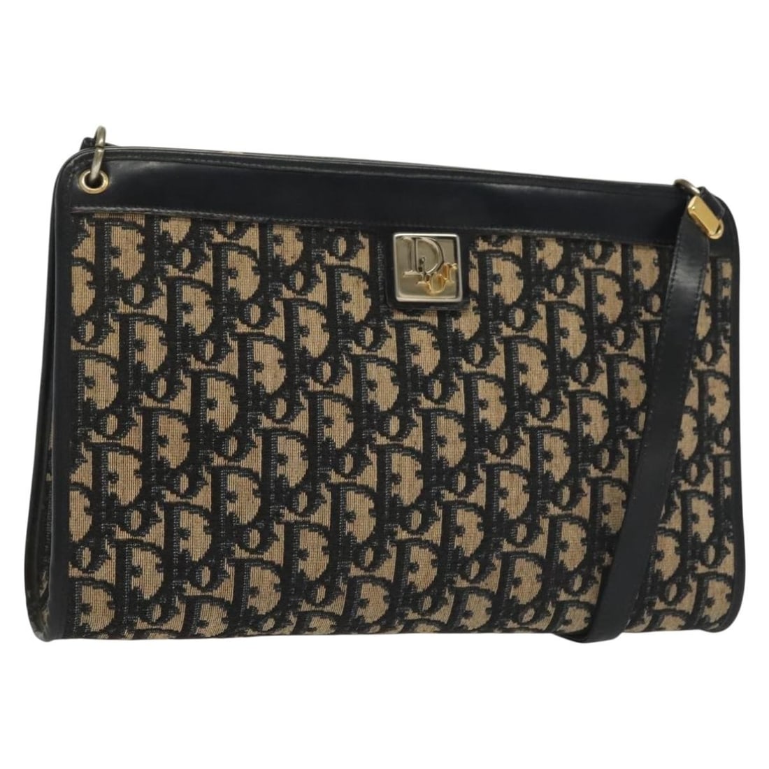 Dior Trotter Canvas Navy Shoulder Bag with Gold Accents: Dior Trotter Canvas Navy Shoulder Bag with Gold Accents This Christian Dior Trotter Canvas shoulder bag features a navy and gold color scheme with the iconic Trotter canvas exterior. The bag is heavil