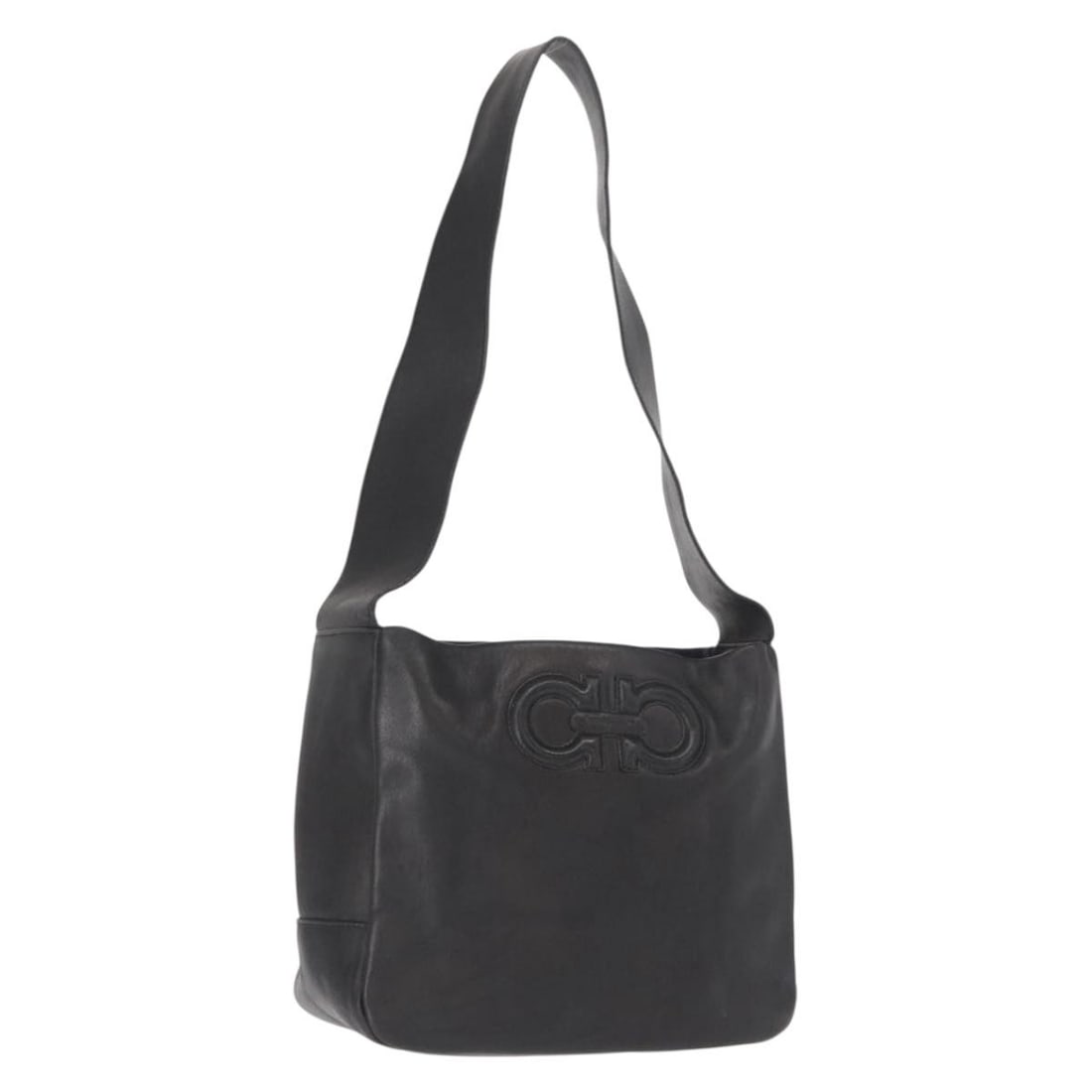 Ferragamo Gancini Black Leather Shoulder Bag Gold Hardware Italy: Ferragamo Gancini Black Leather Shoulder Bag Gold Hardware Italy This Salvatore Ferragamo Gancini shoulder bag features black leather with gold-tone accents. The bag is designed with a structured silh