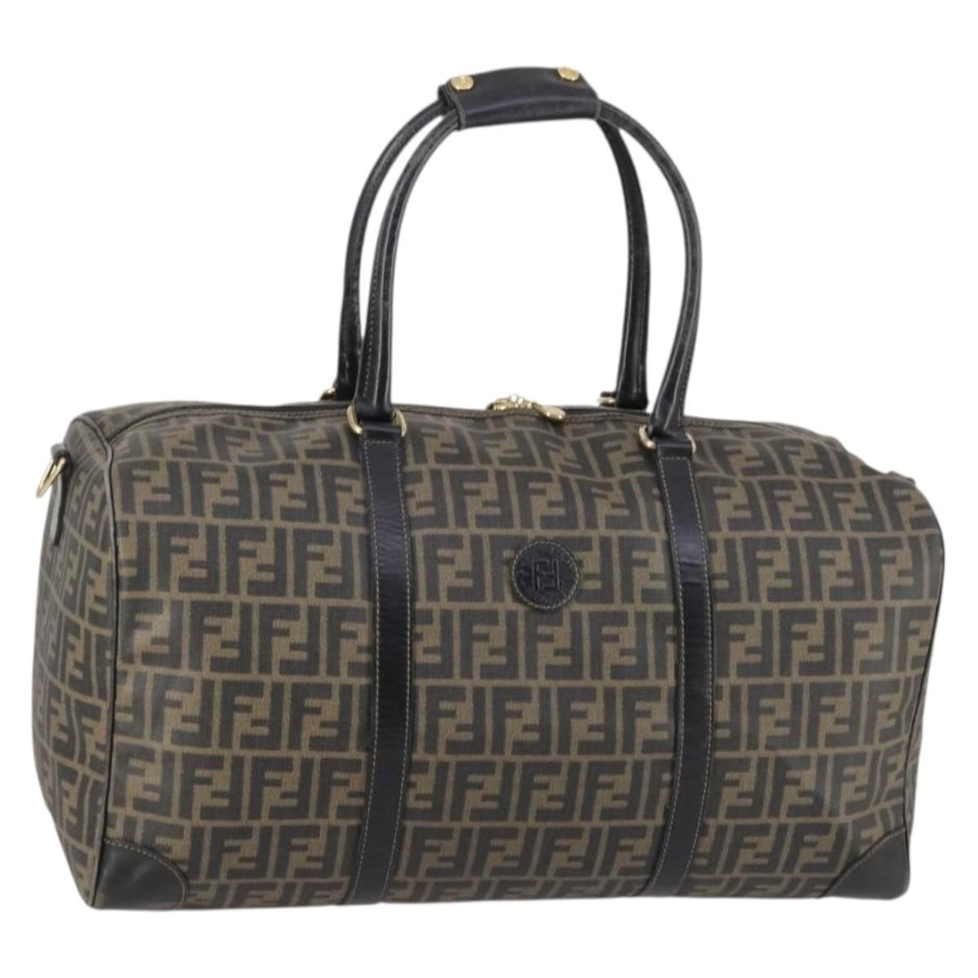 FENDI Zucca Canvas Boston Bag PVC Black Brown Italy: FENDI Zucca Canvas Boston Bag PVC Black Brown Italy This authentic FENDI Zucca Canvas Boston Bag showcases a stylish blend of black and brown PVC leather, perfect for any fashion-forward individual. M