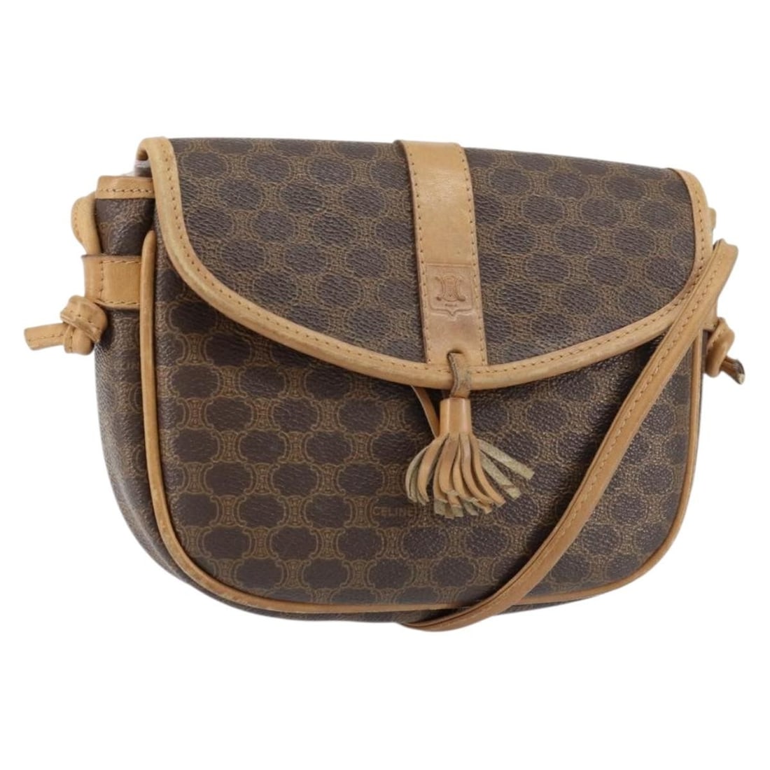 CELINE Macadam Canvas Shoulder Bag Brown Gold PVC Leather Italy: CELINE Macadam Canvas Shoulder Bag Brown Gold PVC Leather Italy Introducing the Celine Macadam Canvas Shoulder Bag, a stylish yet functional accessory crafted in Italy. This shoulder bag features a co