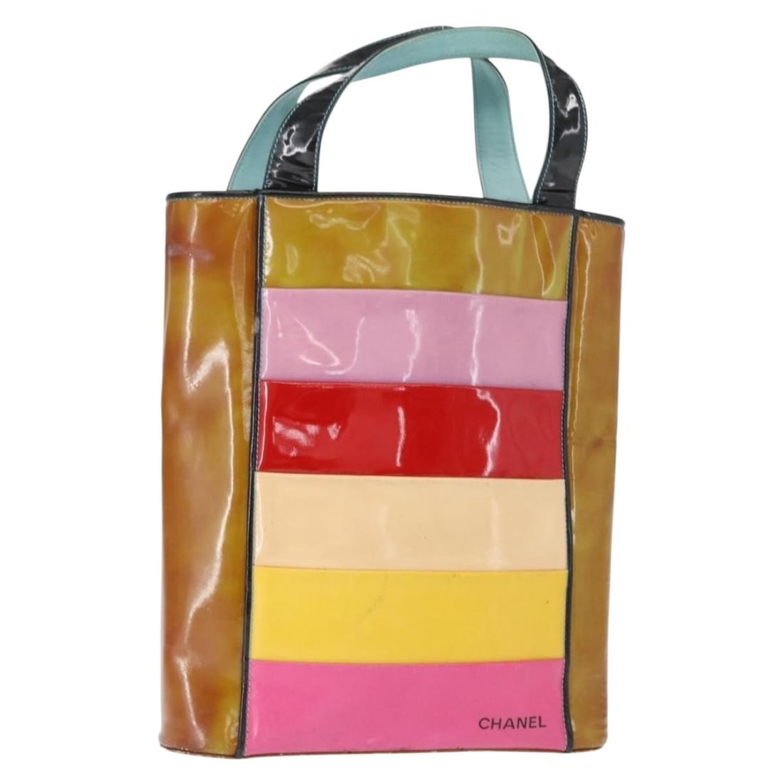 CHANEL Multicolor Patent Leather Handbag with Gold CC Logo: CHANEL Multicolor Patent Leather Handbag with Gold CC Logo This CHANEL handbag features a multicolor and gold patent leather exterior, offering a bold and stylish look. Crafted in Italy, it is designe