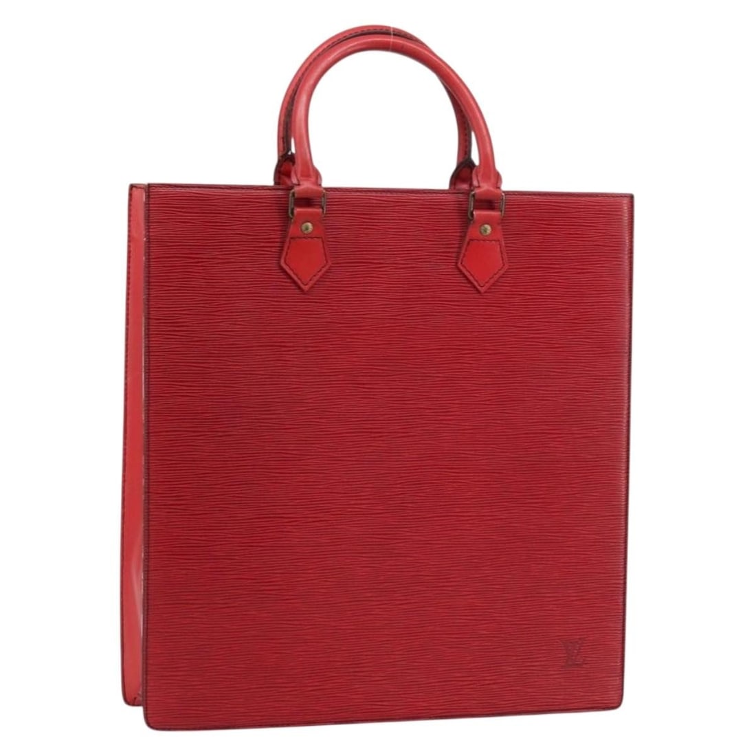LOUIS VUITTON Epi Sac Plat Hand Bag Red M5274E Authentic: LOUIS VUITTON Epi Sac Plat Hand Bag Red M5274E Authentic This authentic LOUIS VUITTON Epi Sac Plat Hand Bag in vibrant red features a sleek and stylish design made from durable Epi leather. With dimen