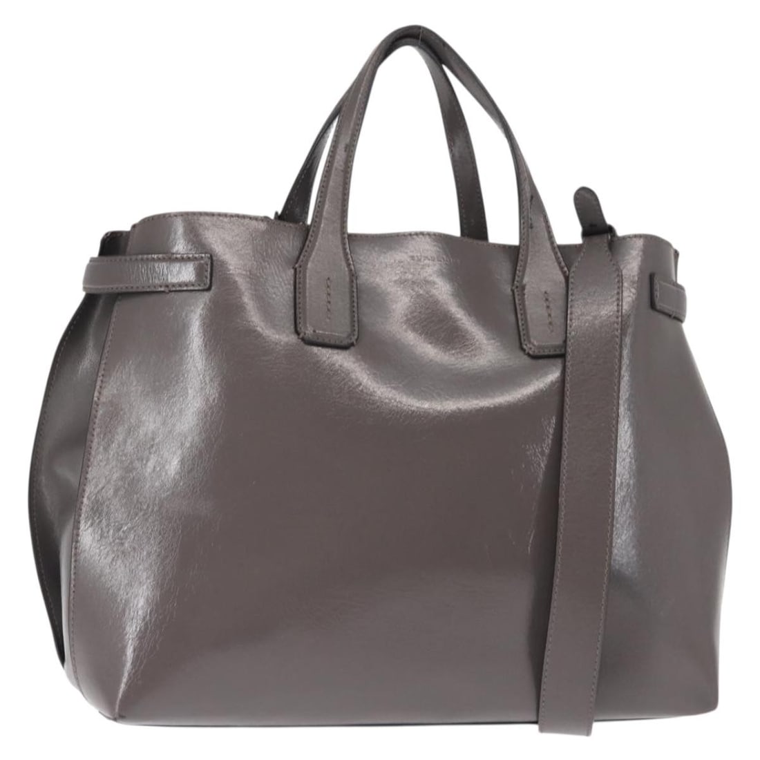 BURBERRY Gray Patent Leather 2-Way Hand Bag with Accessories: BURBERRY Gray Patent Leather 2-Way Hand Bag with Accessories This BURBERRY handbag showcases a sophisticated design crafted from high-quality patent leather in a stylish gray hue. With dimensions of a