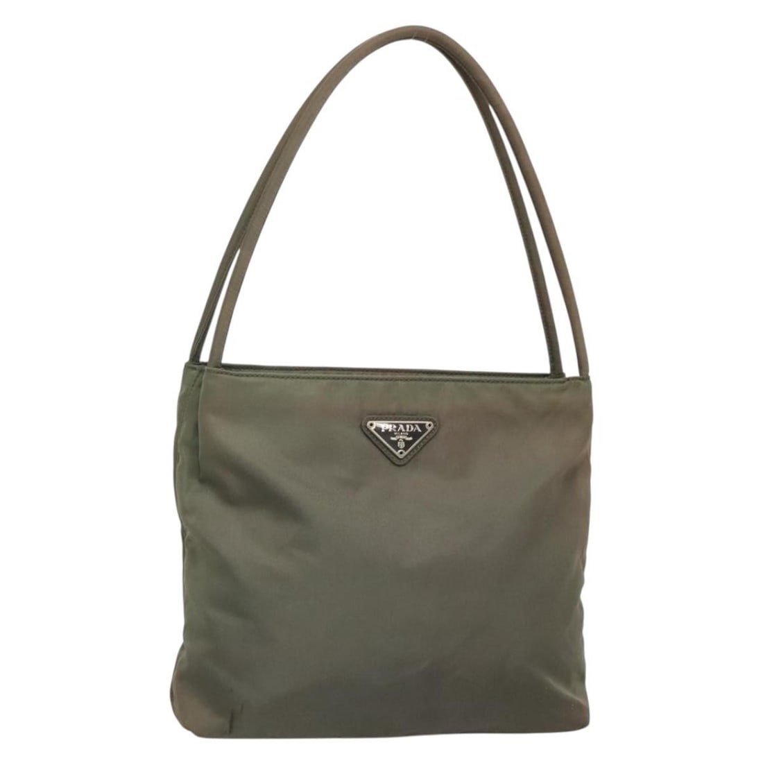 PRADA Khaki Silver Nylon Tote Bag Made in Italy: PRADA Khaki Silver Nylon Tote Bag Made in Italy This authentic PRADA Tote Bag is crafted from durable nylon in a stylish khaki and silver color combination. It features a spacious interior and practic