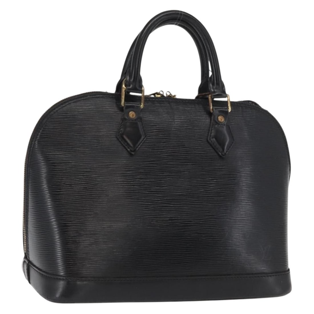 Black Epi Leather Alma Handbag by Louis Vuitton M52142 France: Black Epi Leather Alma Handbag by Louis Vuitton M52142 France This Louis Vuitton Epi Alma handbag in black is crafted from signature Epi leather. The bag features a structured silhouette with a top ha