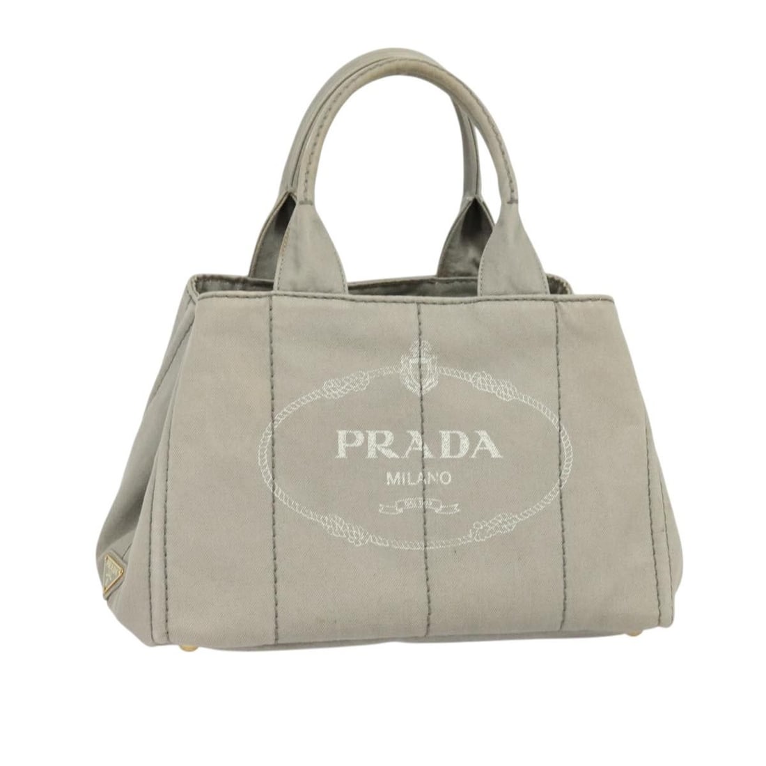 PRADA Canapa MM Hand Bag Gray Gold Canvas Made in Italy: PRADA Canapa MM Hand Bag Gray Gold Canvas Made in Italy This PRADA Canapa MM Hand Bag is a stylish accessory crafted from durable canvas in a sophisticated gray and gold color scheme. Measuring approx