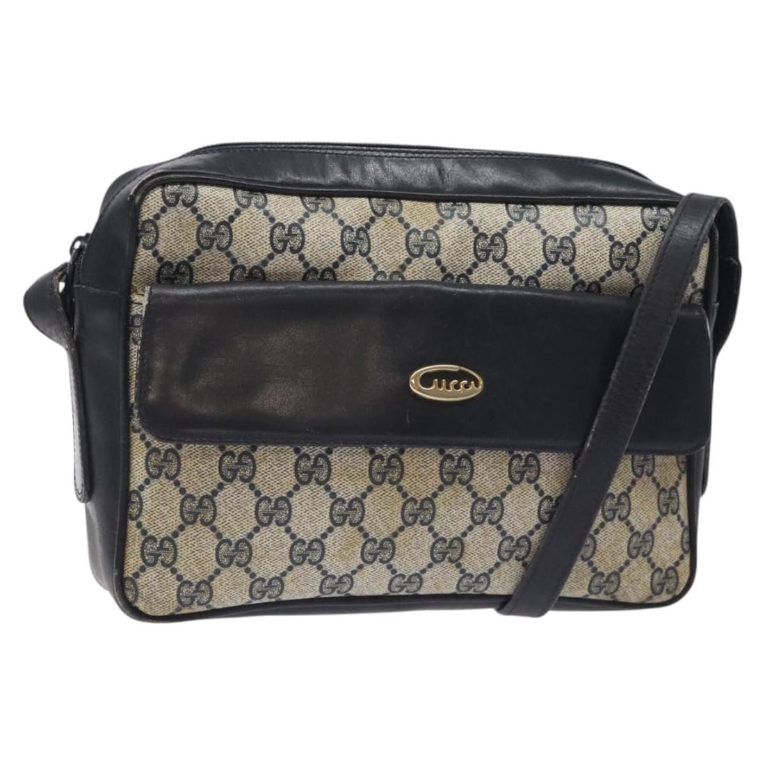 GUCCI GG Supreme Navy Gold Shoulder Bag PVC Leather Made in Italy: GUCCI GG Supreme Navy Gold Shoulder Bag PVC Leather Made in Italy This GUCCI GG Supreme Shoulder Bag is a stylish accessory crafted from durable PVC leather, featuring a sophisticated navy and gold co