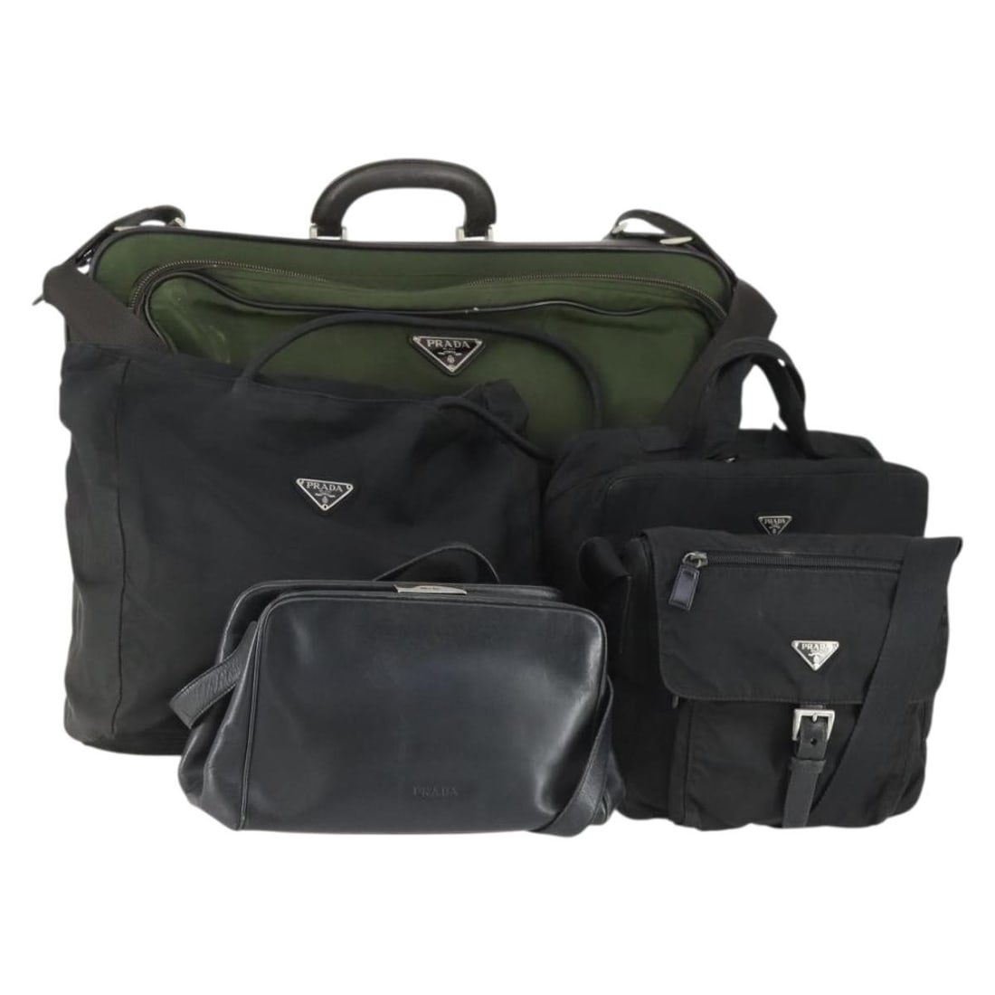 Prada Nylon Handbag Set of Five in Khaki and Black with Accessories: Prada Nylon Handbag Set of Five in Khaki and Black with Accessories This set includes five PRADA handbags crafted from khaki and black nylon. The bags feature padlock, two keys, clochette, and a guara