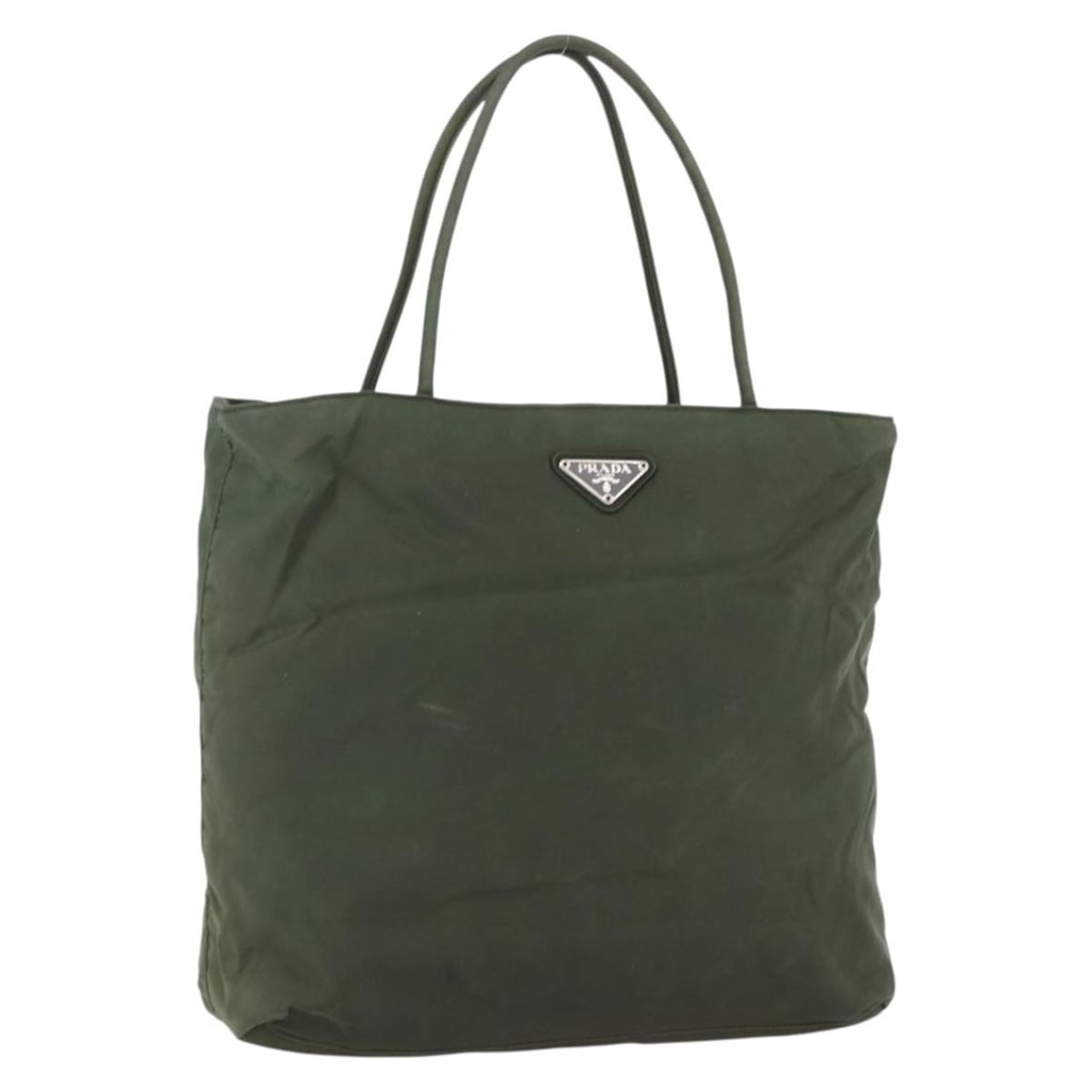 Green Nylon Tote by PRADA Italy: Green Nylon Tote by PRADA Italy This PRADA tote bag features a green nylon exterior and is crafted in Italy. The bag shows significant signs of use, including loss of shape, rubbing, stains, and defor
