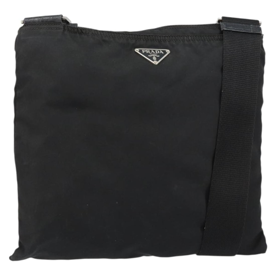 PRADA Black Nylon Shoulder Bag with Silver Accents Authentic: PRADA Black Nylon Shoulder Bag with Silver Accents Authentic Introducing a stylish PRADA Shoulder Bag crafted from durable nylon in a classic black and silver colorway. This bag, made in Italy, featur