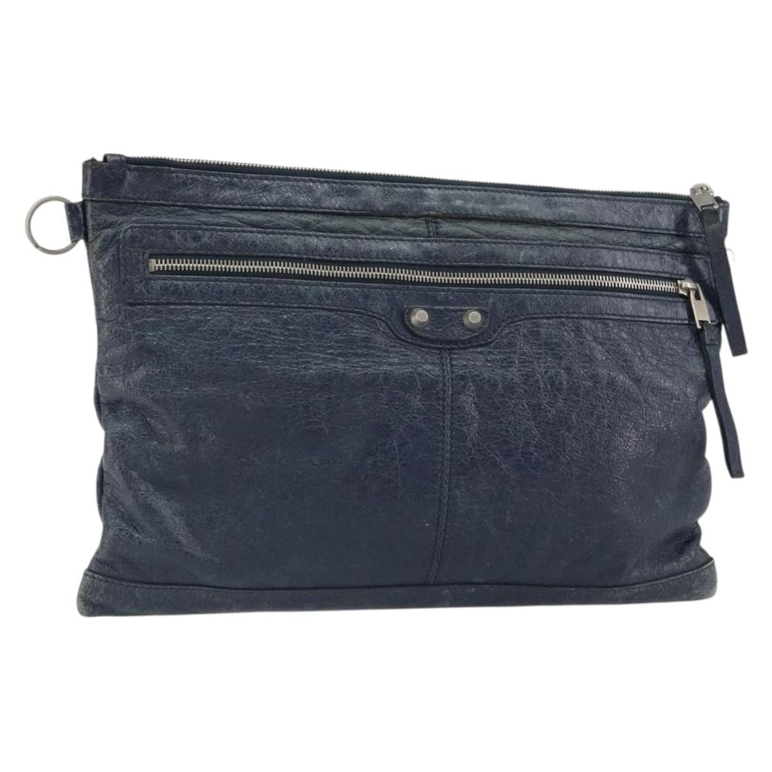 Balenciaga Navy Leather Classic Clip L Clutch 273023 Silver Hardware: Balenciaga Navy Leather Classic Clip L Clutch 273023 Silver Hardware This is a Balenciaga Classic Clip L clutch bag crafted in navy leather with silver-tone accents. The bag features a slim, rectangul