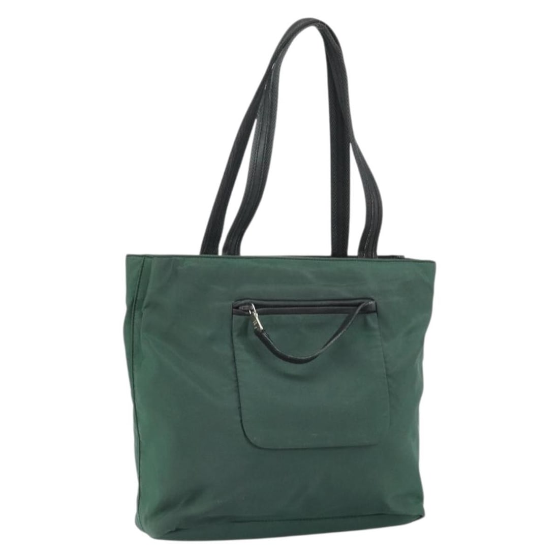 Green Nylon Prada Tote Bag with Silver Accents Made in Italy: Green Nylon Prada Tote Bag with Silver Accents Made in Italy This PRADA tote bag features a green and silver nylon exterior, offering both style and practicality. The bag is made in Italy and includes