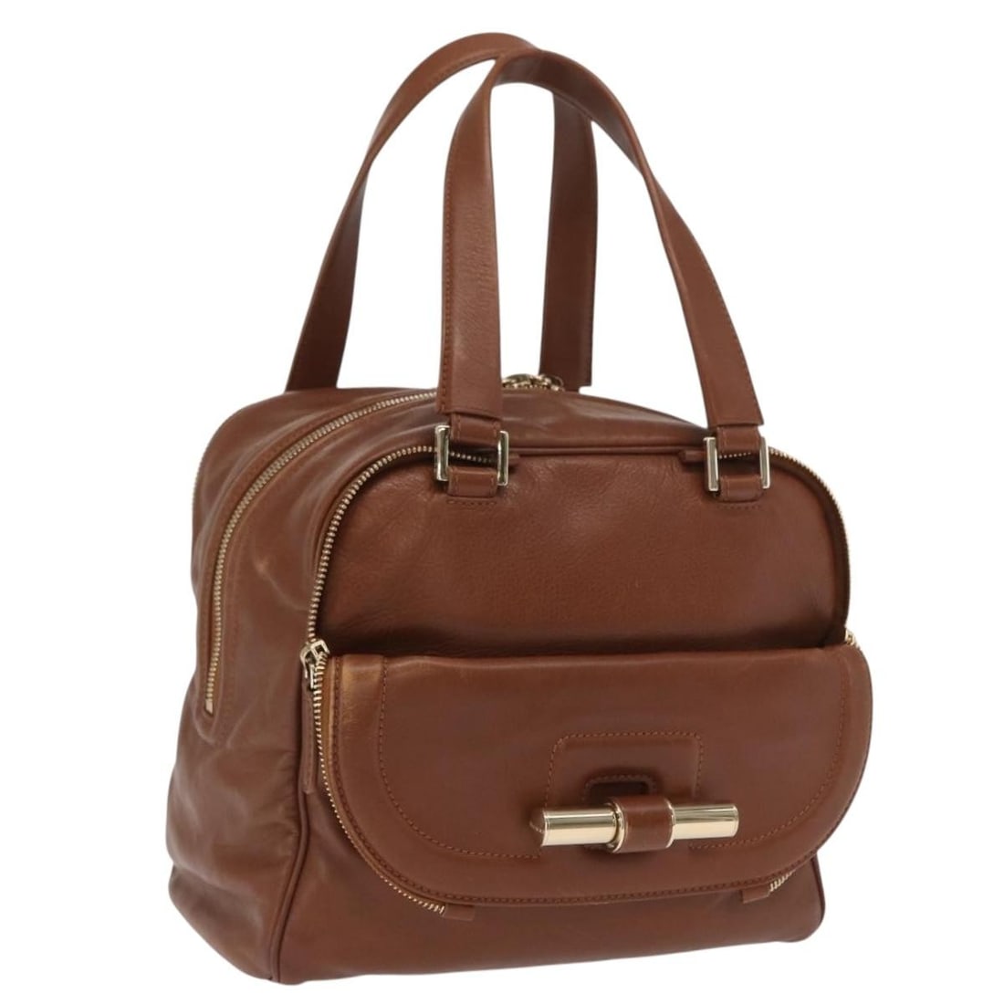 Brown and Gold Jimmy Choo Leather Handbag Made in Italy: Brown and Gold Jimmy Choo Leather Handbag Made in Italy This Jimmy Choo handbag features brown leather with gold accents and is crafted in Italy. The bag shows signs of heavy use with notable wear, in