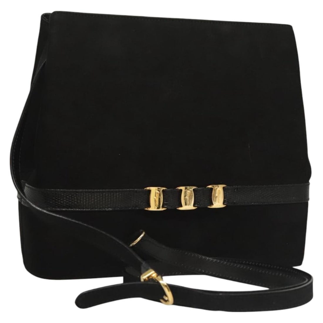 Salvatore Ferragamo Black Gold Suede Gancini Shoulder Bag Auth BA214280: Salvatore Ferragamo Black Gold Suede Gancini Shoulder Bag Auth BA214280 Elevate your accessory collection with this stylish Salvatore Ferragamo Gancini Shoulder Bag. Crafted in Italy from luxurious bl