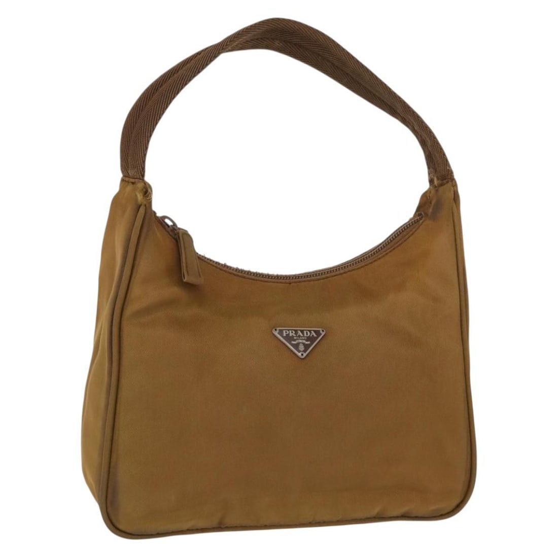Brown Nylon Prada Handbag Made in Italy: Brown Nylon Prada Handbag Made in Italy This PRADA handbag is crafted from brown nylon and features a compact, structured silhouette. Made in Italy, it offers a top handle with a drop of approximately