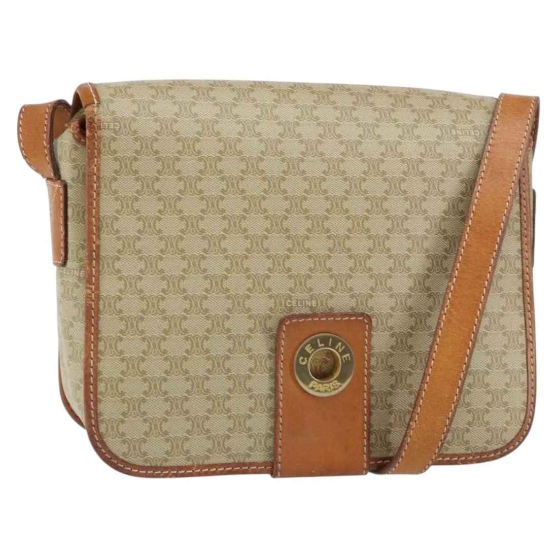 Celine Beige Macadam Canvas Circle Shoulder Purse Gold Accents Italy: Celine Beige Macadam Canvas Circle Shoulder Purse Gold Accents Italy This CELINE Macadam Canvas Circle Shoulder Bag features a beige and gold color scheme with the signature Macadam canvas exterior. T