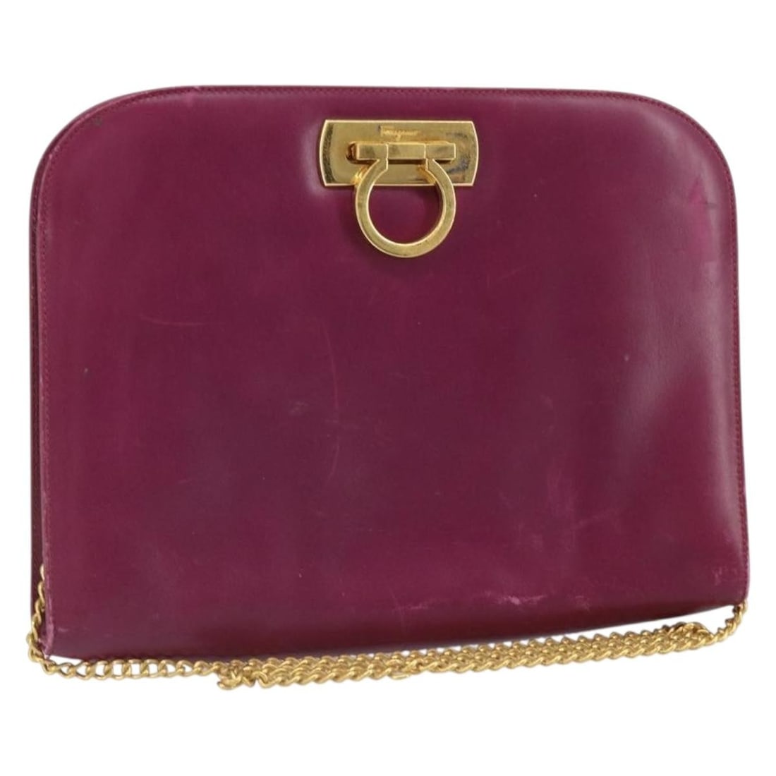 Purple Leather Gancini Shoulder Bag by Salvatore Ferragamo with Chain Strap: Purple Leather Gancini Shoulder Bag by Salvatore Ferragamo with Chain Strap This Salvatore Ferragamo shoulder bag features purple leather with gold-tone accents. The bag has a signature Gancini chain