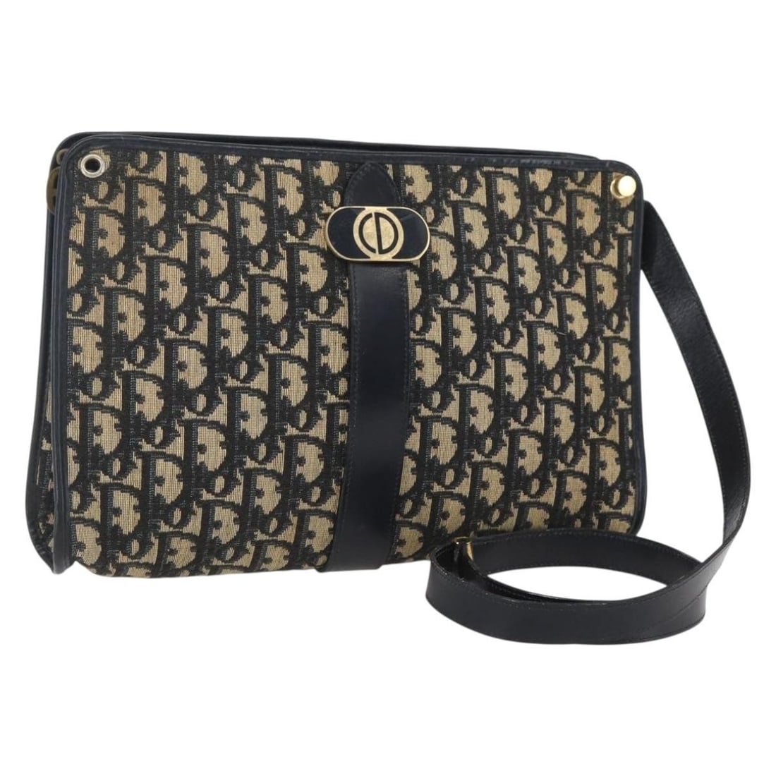 Christian Dior Navy Trotter Canvas Shoulder Bag with Gold Accents: Christian Dior Navy Trotter Canvas Shoulder Bag with Gold Accents This Christian Dior Trotter Canvas shoulder bag features a navy and gold color scheme with the signature Trotter canvas exterior. The