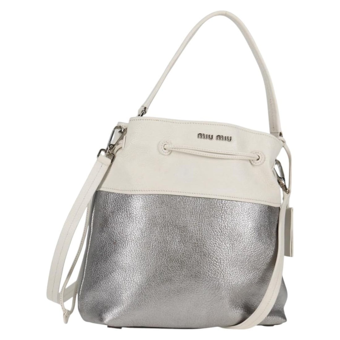 Miu Miu 2-Way Shoulder Bag Silver Leather Auth 197/B: Miu Miu 2-Way Shoulder Bag Silver Leather Auth 197/B Elevate your style with this authentic Miu Miu Shoulder Bag, crafted from high-quality leather in a stunning silver hue. Designed for versatility,