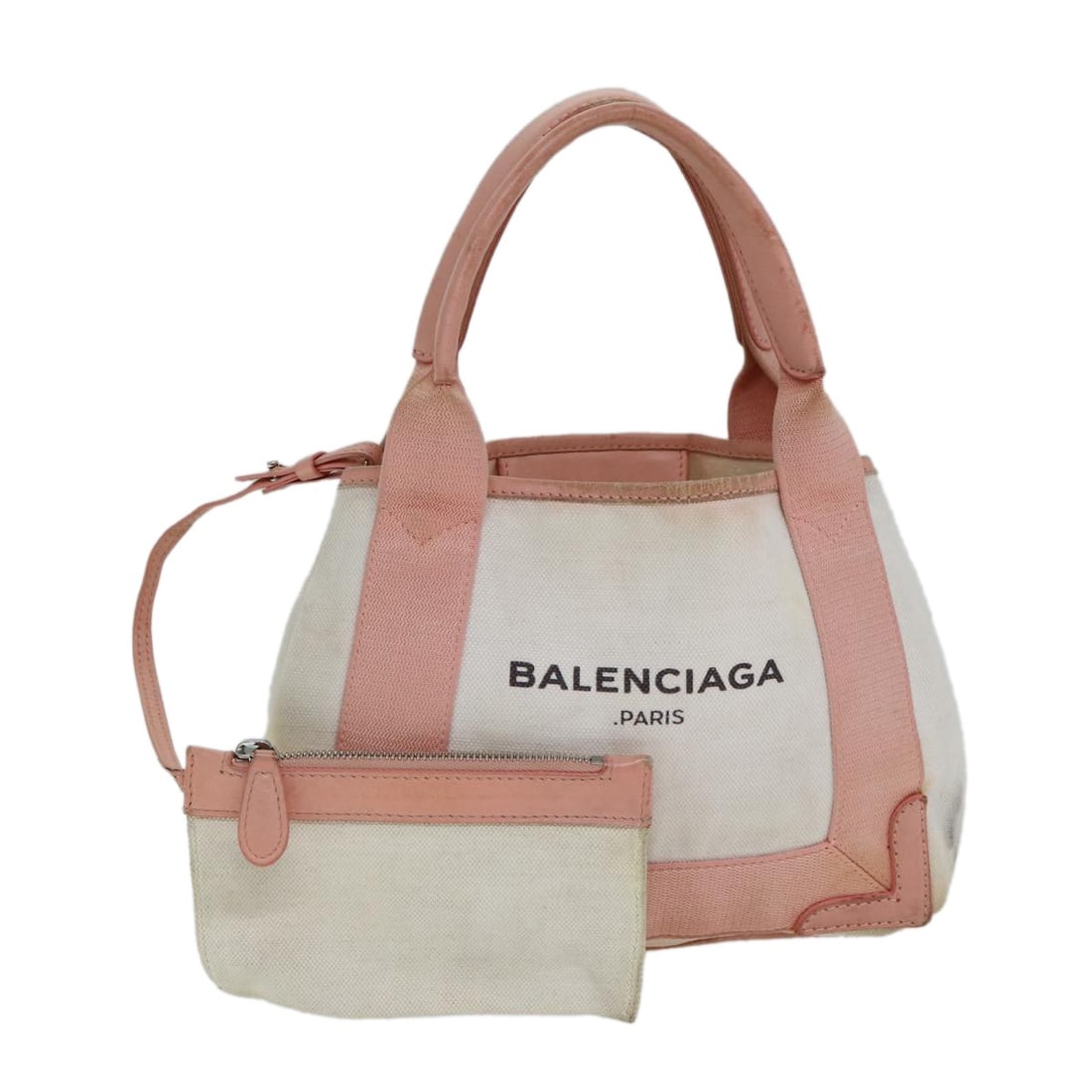 Balenciaga Pink Navy Cabas XS Hand Bag Canvas Italy Auth: Balenciaga Pink Navy Cabas XS Hand Bag Canvas Italy Auth This authentic BALENCIAGA Navy Cabas XS Hand Bag features a chic pink canvas exterior that combines style with functionality. Measuring approxi