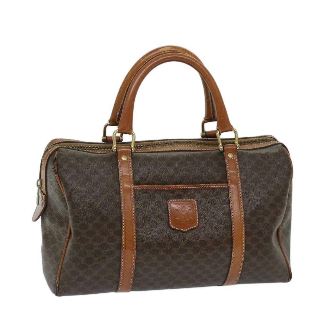 CELINE Macadam Canvas Boston Bag PVC Brown Made in Italy: CELINE Macadam Canvas Boston Bag PVC Brown Made in Italy This authentic CELINE Macadam Canvas Boston Bag is a stylish accessory made from durable PVC leather, featured in a rich brown color. Designed