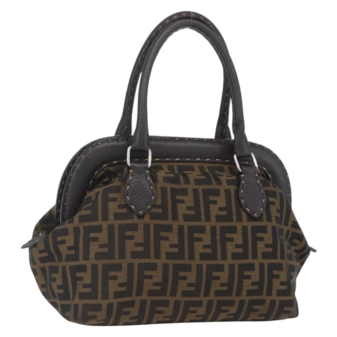 Fendi Celeria Brown Black Zucca Canvas Handbag with Silver Accents: Fendi Celeria Brown Black Zucca Canvas Handbag with Silver Accents This FENDI Zucca Canvas Celeria handbag features the iconic brown, black, and silver Zucca canvas exterior. Made in Italy, the bag is
