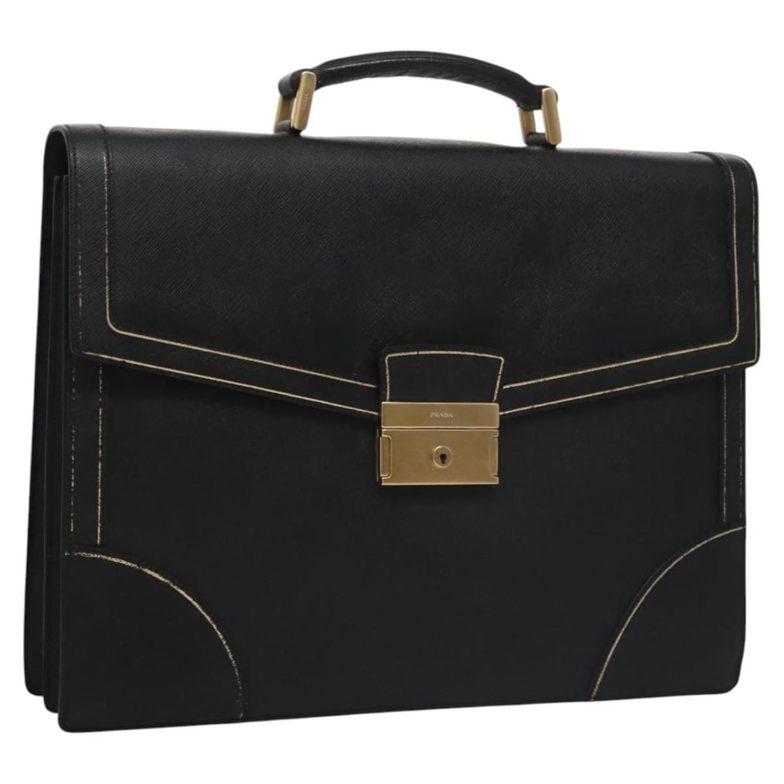 PRADA Black Gold Saffiano Leather Business Bag Made in Italy: PRADA Black Gold Saffiano Leather Business Bag Made in Italy This PRADA Business Bag, crafted from luxurious Saffiano leather, features a sophisticated black and gold color scheme. With dimensions of
