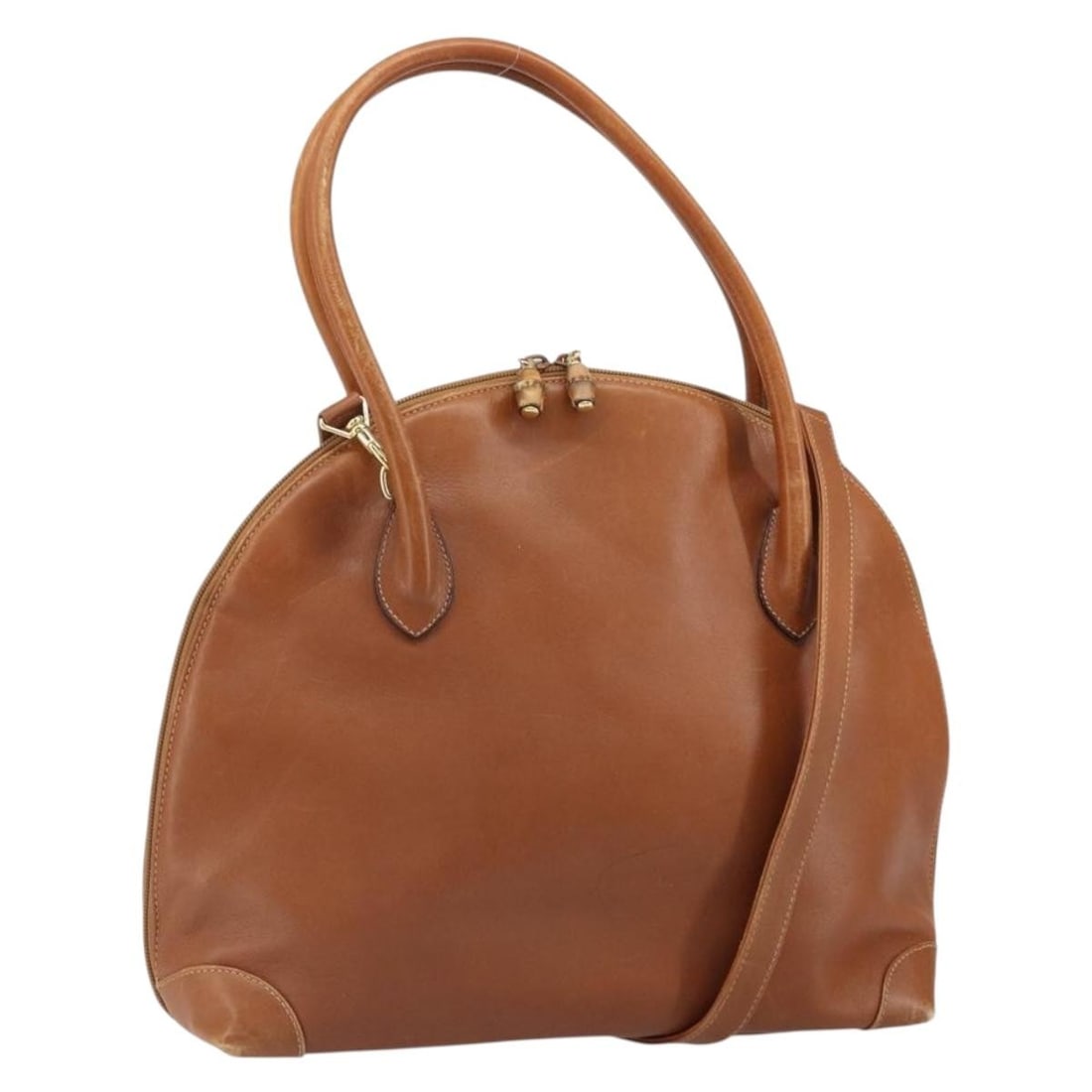 Brown Leather Gucci Handbag with Shoulder Strap Gold Accents 2way: Brown Leather Gucci Handbag with Shoulder Strap Gold Accents 2way This GUCCI 2-way handbag is crafted from brown leather with gold-tone accents. It features both a top handle and a detachable shoulder